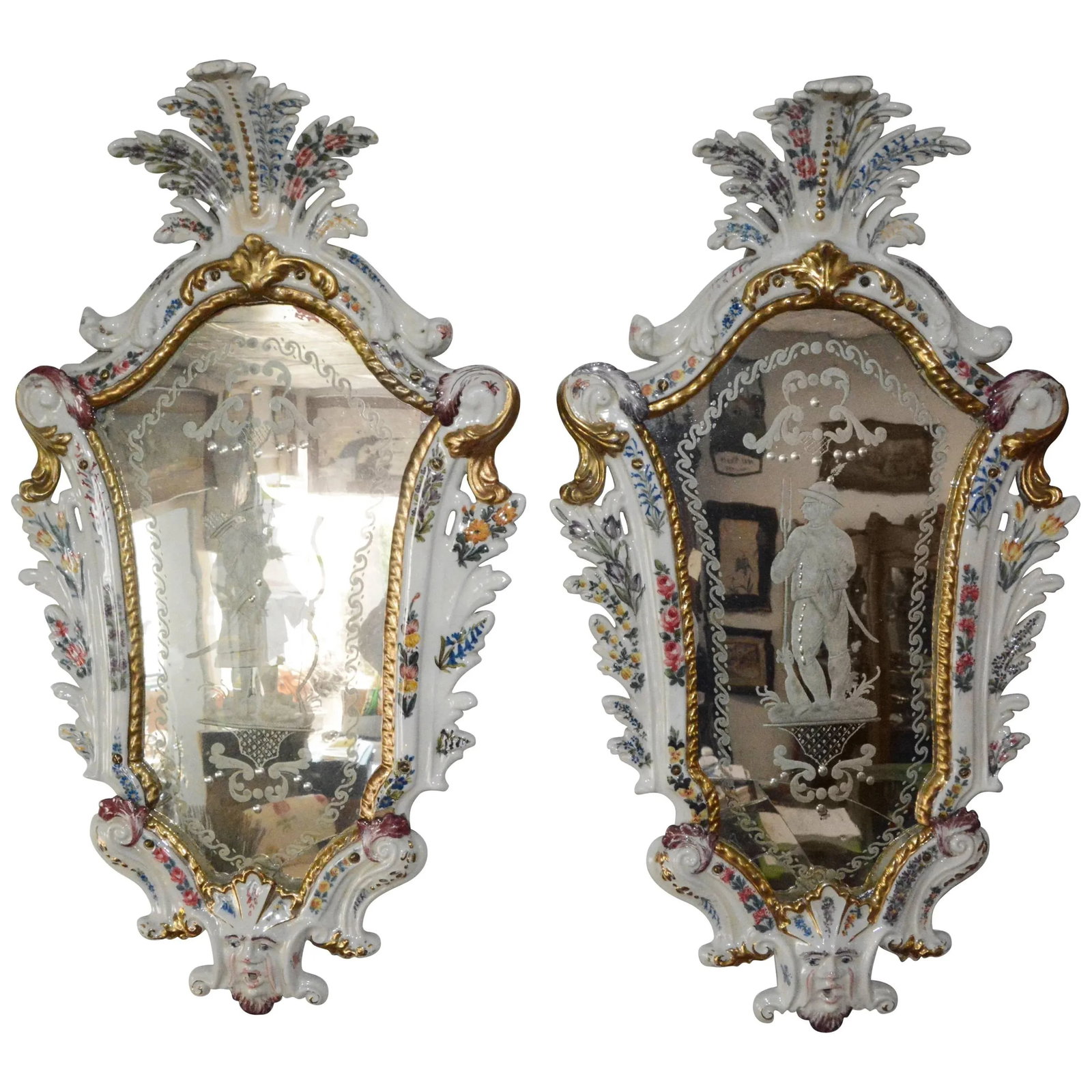 Pair of Antonibon Ceramic Hand Painted Mirrors With Etched Glass - 11