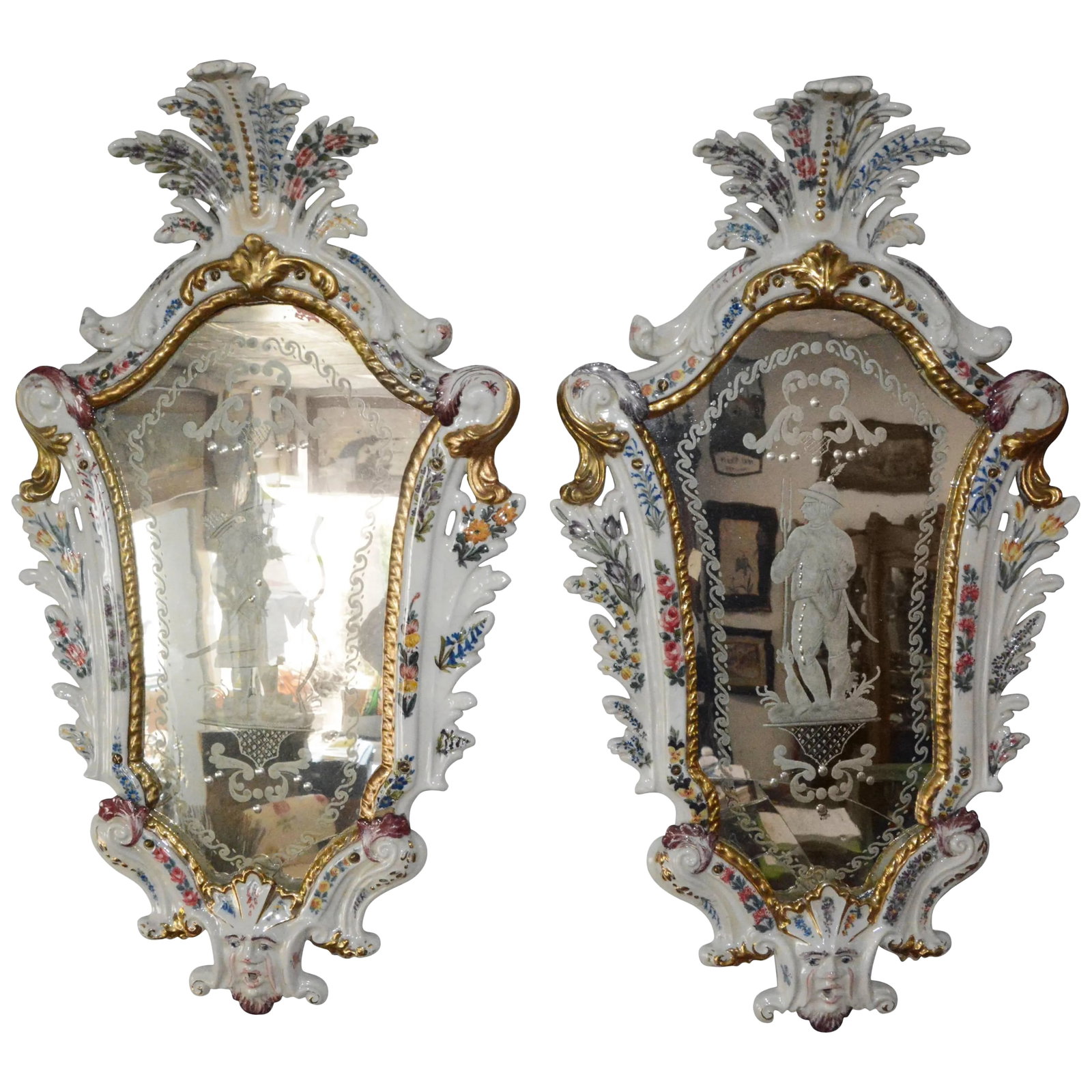 Pair of Antonibon Ceramic Hand Painted Mirrors With Etched Glass (1 of 11)