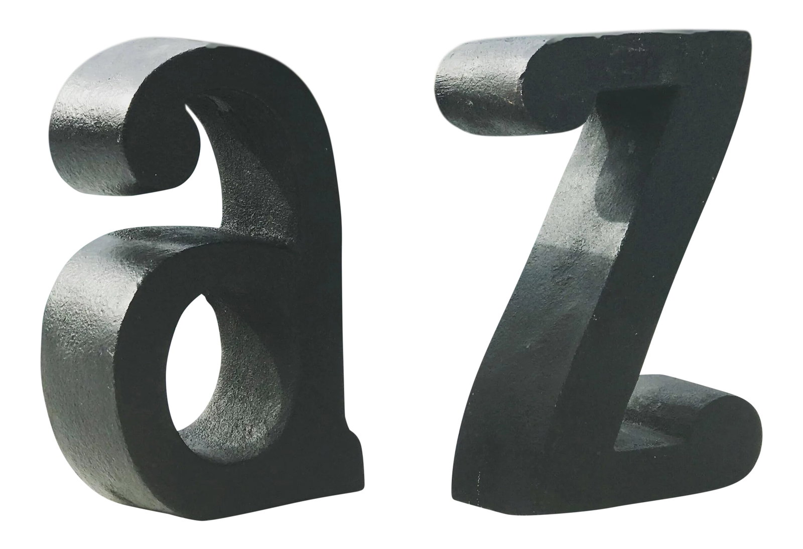 1970s Pop Art A to Z Cast Iron Bookends - Set of 2: A pair of solid Iron book ends in the shape of the letters A and Z with original green felt bottoms. Solid! Weigh 6 lbs each. Get that Jere look without the high price. Condition: Alterations: Origina