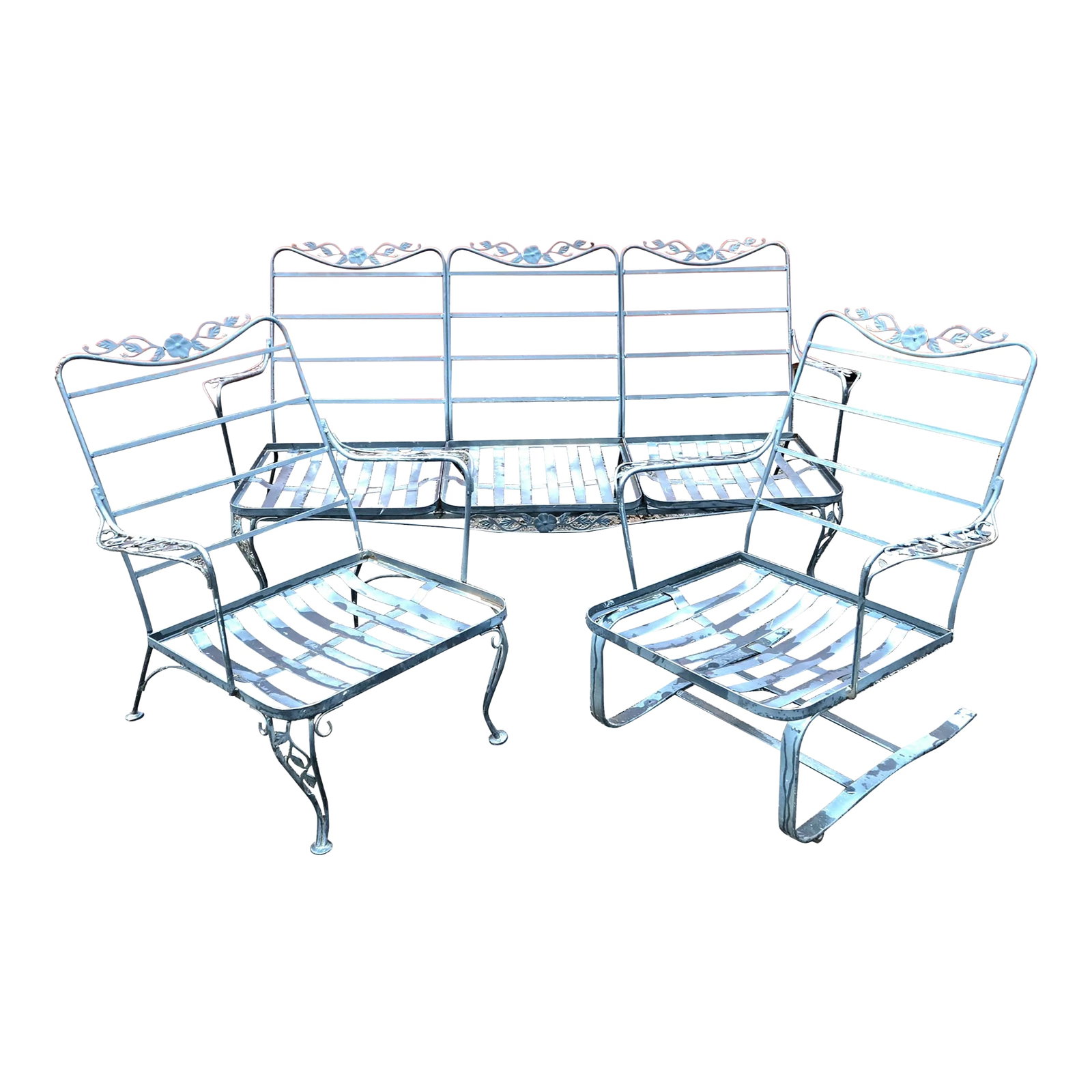 Vintage Woodard Wrought Iron Patio Set, 3 Pieces: This is a beautiful vintage patio set by Woodard, a renowned brand in outdoor furniture. The 3 person sofa is provides generous seating and is comfortable with cushions added. The 2 Wrought Iron Arm