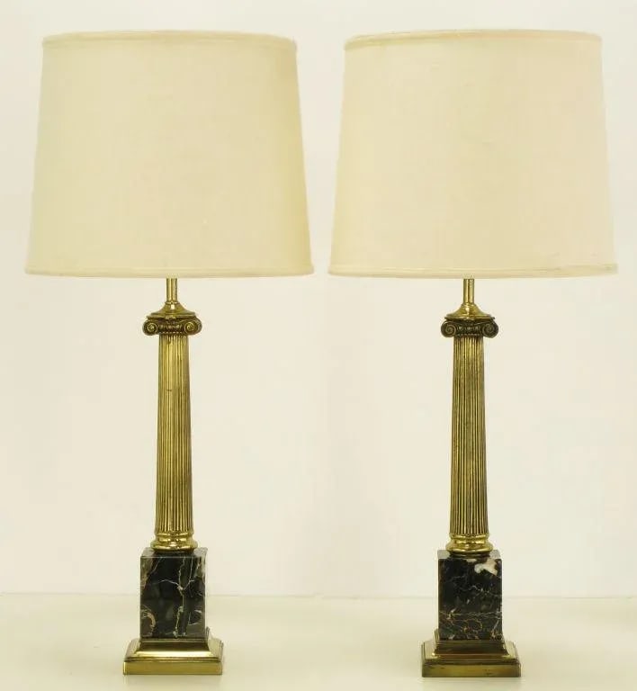 Brass & Black Portoro Marble Ionic Column Table Lamps - a Pair - 2