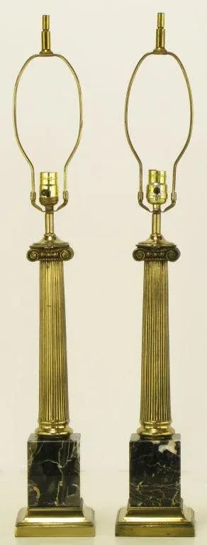 Brass & Black Portoro Marble Ionic Column Table Lamps - a Pair - 4
