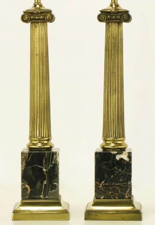 Brass & Black Portoro Marble Ionic Column Table Lamps - a Pair - 5