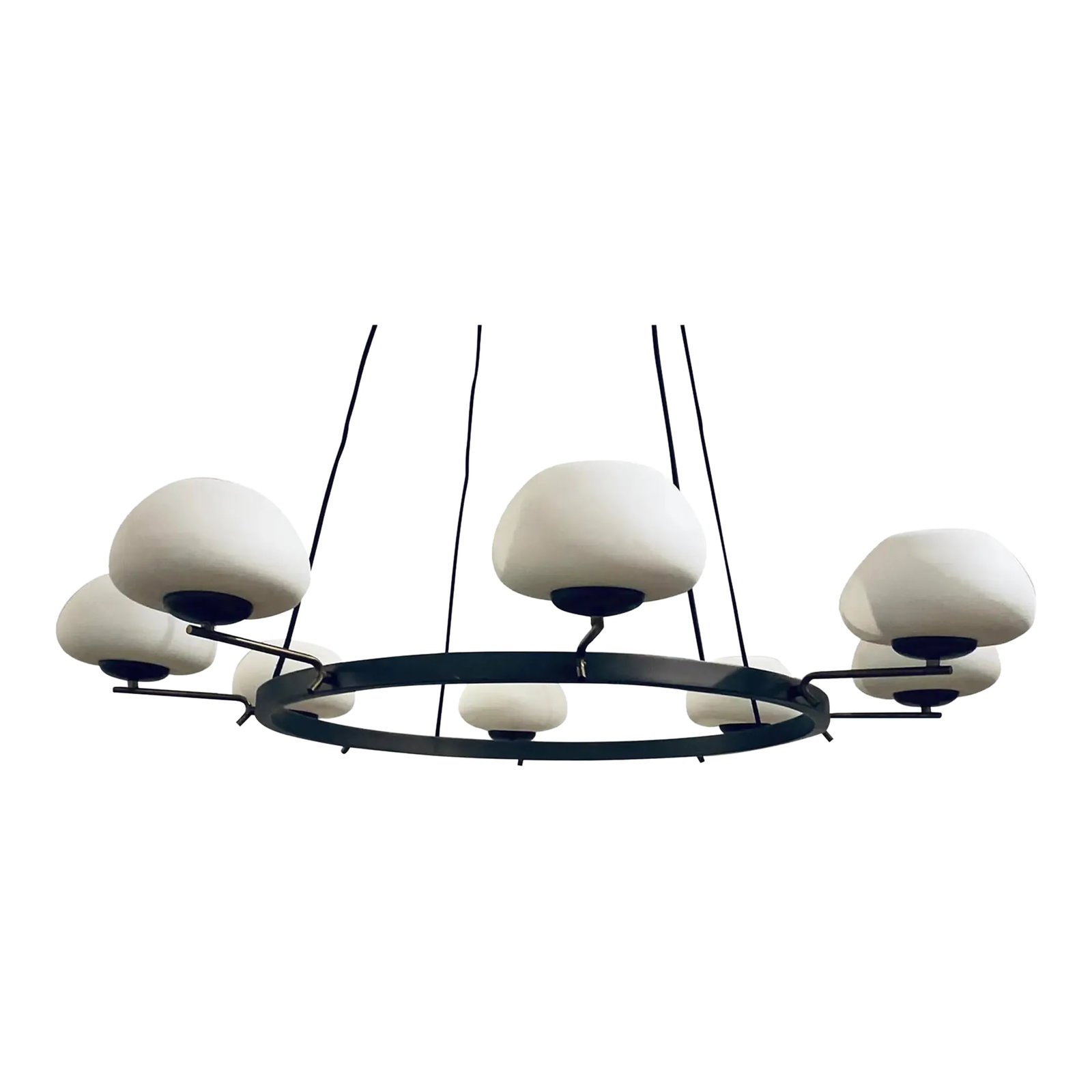 Jonathan Browning for Baker Bronze and Bisque Glass Ring Gualala Chandelier: Original retail $7797, stylish Jonathan Browning for Baker Bronze and Bisque Glass Ring Gualala Chandelier, eight lights, showroom floor sample Condition: Imperfections: Some Imperfections Condition
