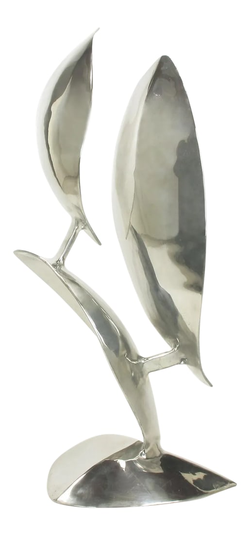 Abstract Organic Polished Aluminum Sculpture by Bill Keating: Polished aluminum sculpture of three organic shapes, possibly leaves or flower petals, mounted on a pyramidal base. Signed and dated 1977. Measures: 36". Bill Keating (USA, b.1932) is a self-taught