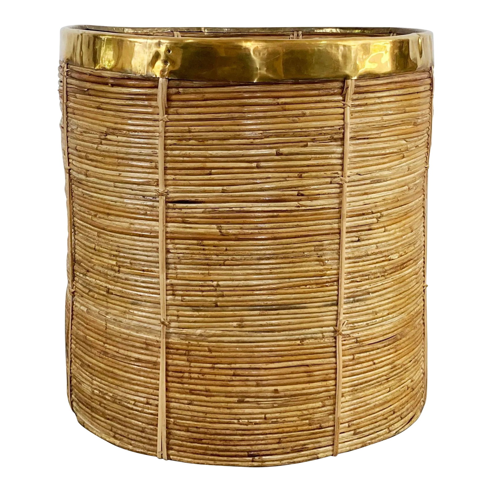 Vintage Oversized Gabriella Crespi Style Coiled Rattan Basket With Brass Trim: Vintage Mid-century Modern era large coiled rattan planter or basket in the manner of Gabriella Crespi. Cylindrical shape with patinated brass rim. Large enough to add a piece of glass for use as a