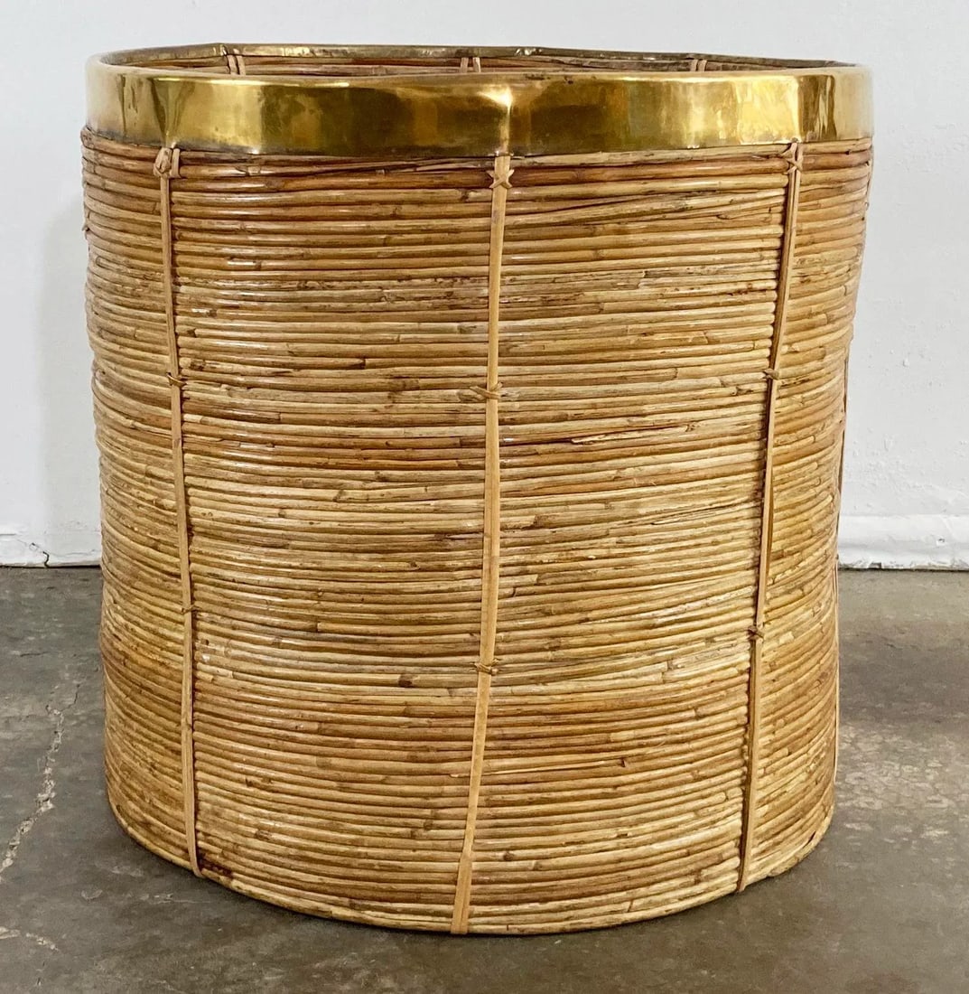 Vintage Oversized Gabriella Crespi Style Coiled Rattan Basket With Brass Trim - 2