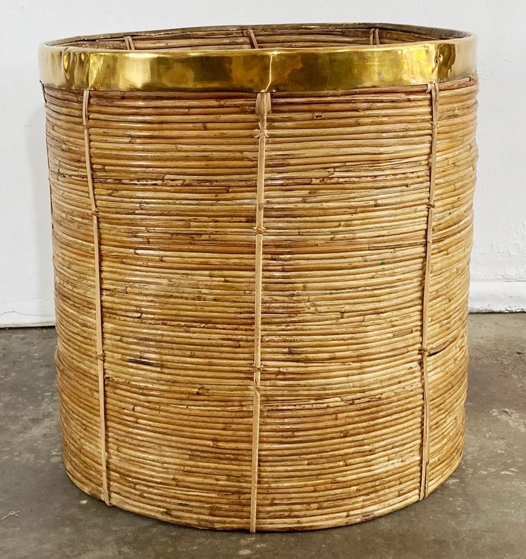 Vintage Oversized Gabriella Crespi Style Coiled Rattan Basket With Brass Trim - 3