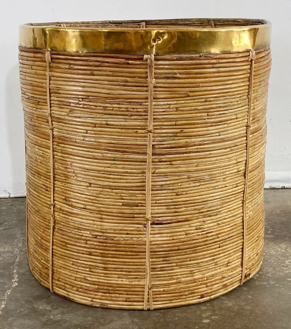 Vintage Oversized Gabriella Crespi Style Coiled Rattan Basket With Brass Trim - 4
