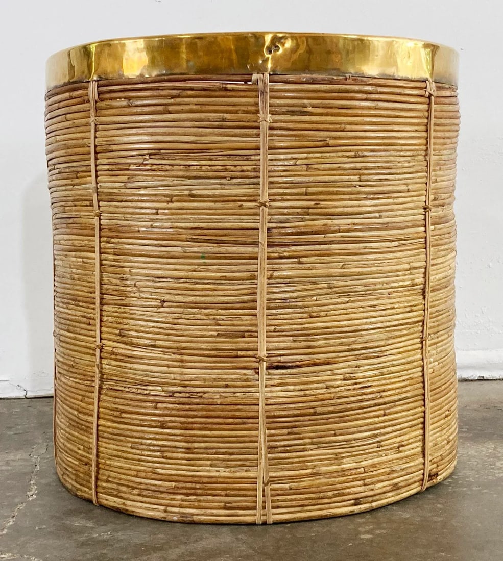 Vintage Oversized Gabriella Crespi Style Coiled Rattan Basket With Brass Trim - 5