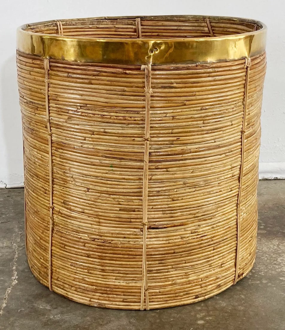 Vintage Oversized Gabriella Crespi Style Coiled Rattan Basket With Brass Trim - 6