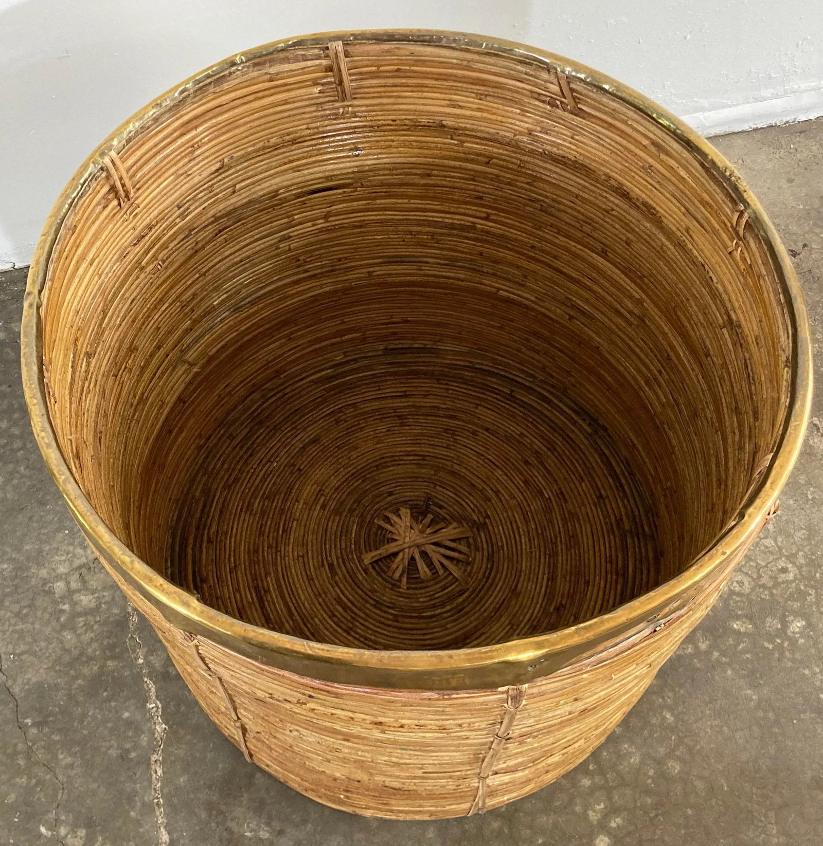 Vintage Oversized Gabriella Crespi Style Coiled Rattan Basket With Brass Trim - 7