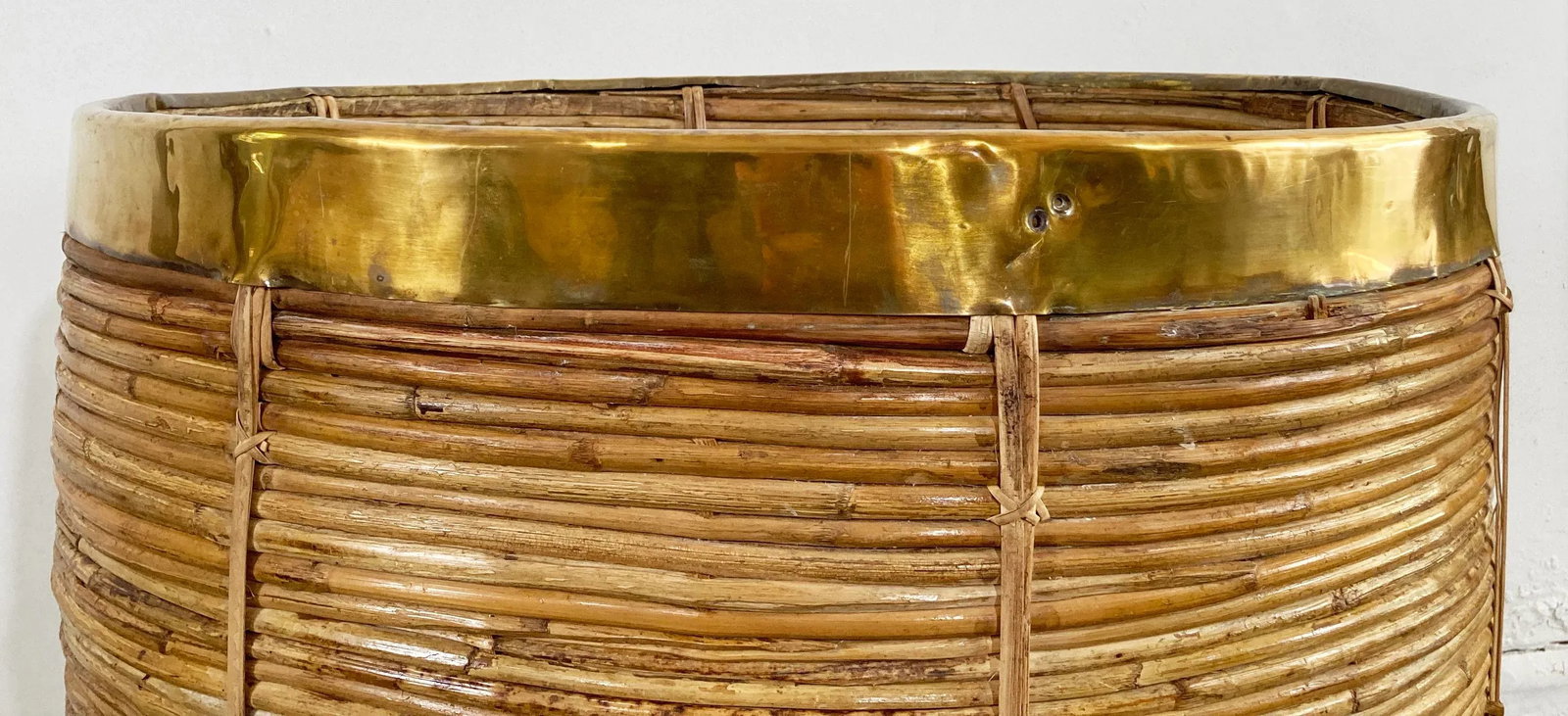 Vintage Oversized Gabriella Crespi Style Coiled Rattan Basket With Brass Trim - 8