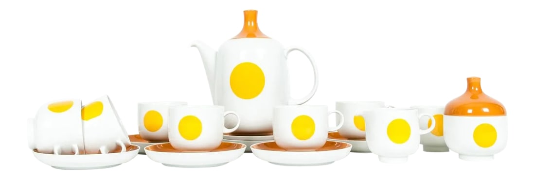 Mid-Century Modern German Tea / Coffee Service - 18 Piece Set: Mid-Century modern German porcelain tea / coffee service for eight people. Each piece is in excellent condition, maker's mark undersigned. The tea / coffee pot is about 8.5 inches x 8 inches