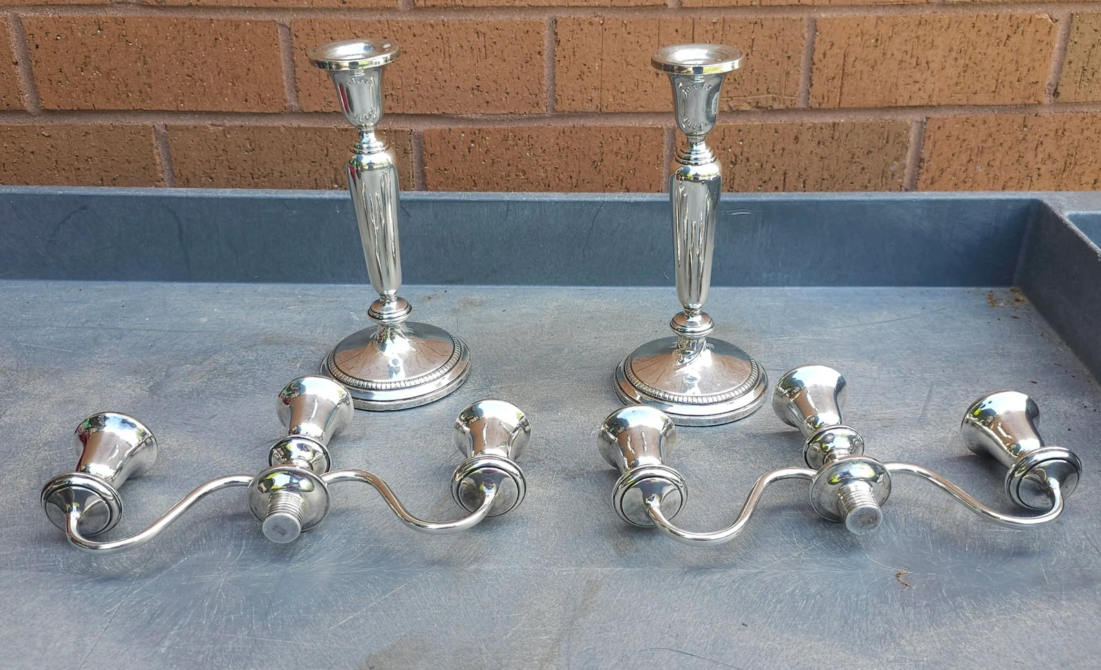 Pair of Weighted Sterling Silver Convertible Three-Light Cadelabra - 4