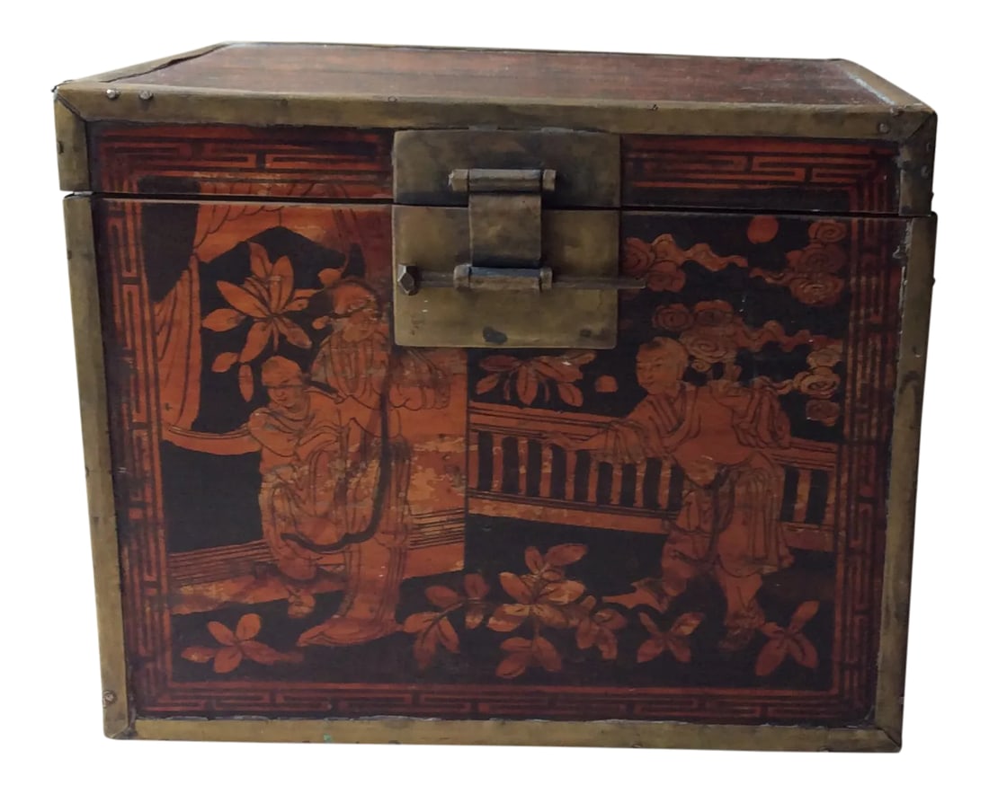 Antique Chinese Export Yew Wood & Brass Tea Caddy, Hand-Painted, Late Qing Dynasty, Circa 1880 (1 of 12)