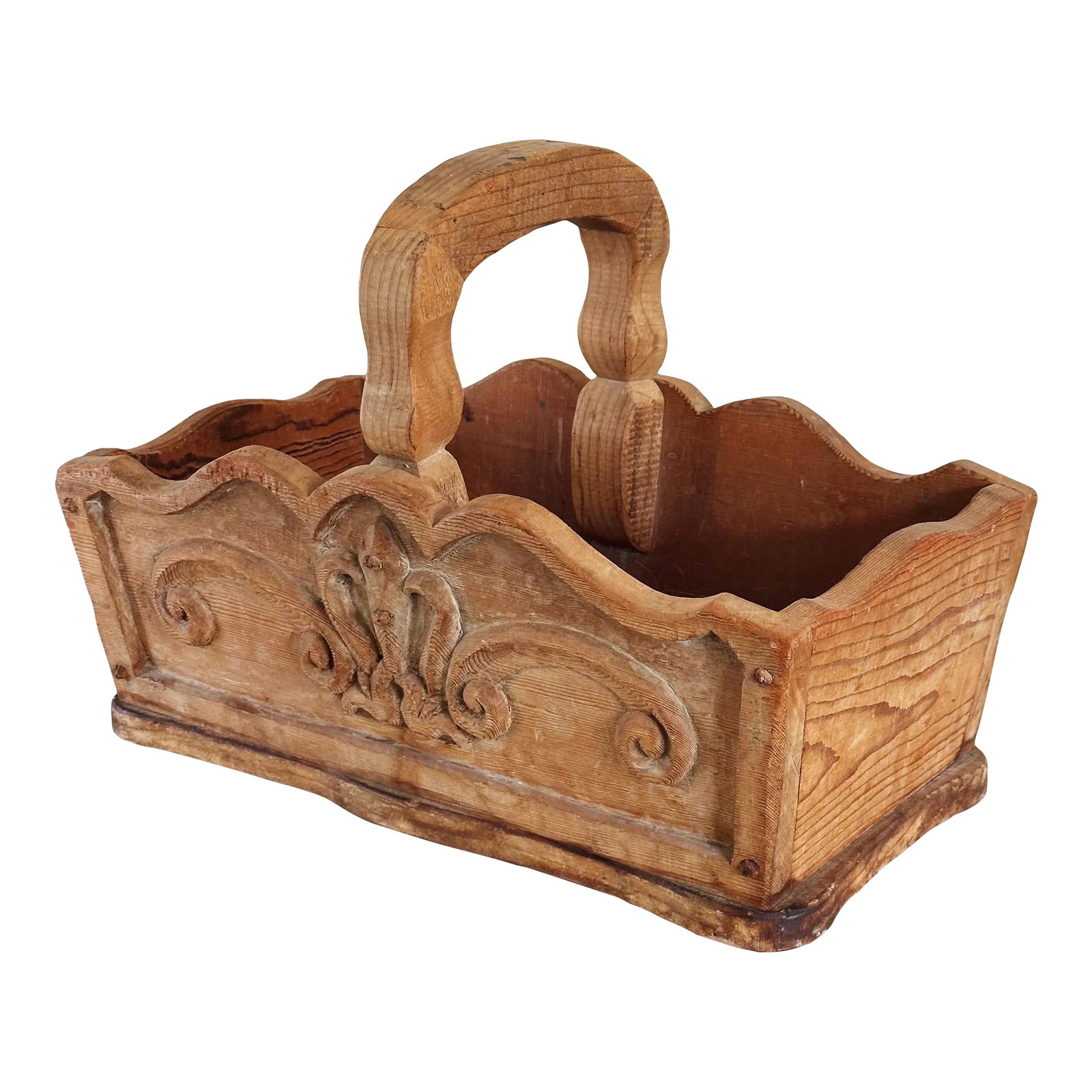 Antique French Country Hand Carved Basket in Heavily Grained Wood With Filigree Detail: Antique French Country Hand Carved Basket in Heavily Grained Wood With Filigree Detail Measures approx: 16H x 13D x 22L Please visit my other listings for more curated treasures. Condition: