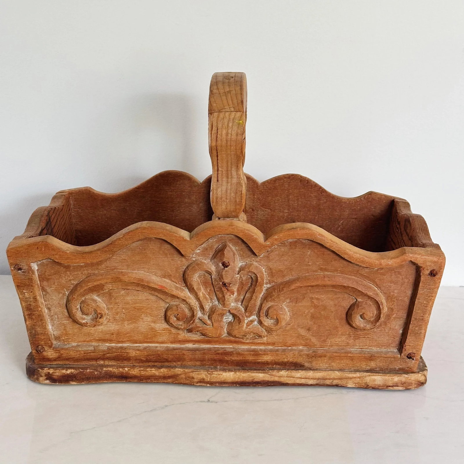 Antique French Country Hand Carved Basket in Heavily Grained Wood With Filigree Detail - 2