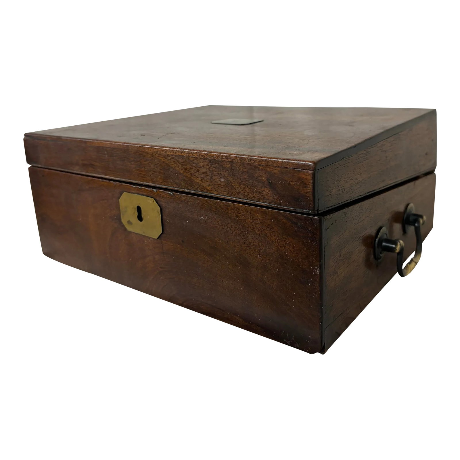 19th Century English Writing and Stationery Box: A most elegant and evocative piece, this 19th century English stationery writing box embodies the quiet dignity and refined craftsmanship of its era. The exterior is fitted with graceful brass swan