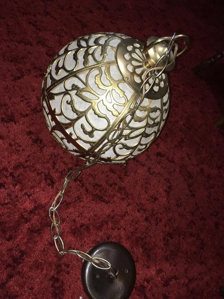 Antique Japanese Brass Globe Pendant Light With Rice Paper Lining - 3