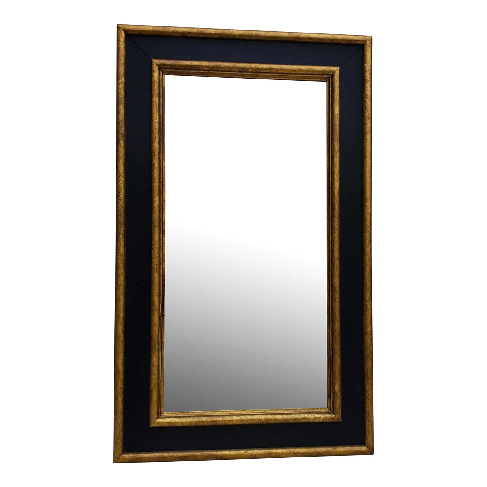 1980s Large Beveled Wall Mirror, Painted Black and Gold: Large wall mirror made by Donelle Inc. of Los Angeles and recently painted a solid matte black and a dark, antique gold, paint finish. There is a slight hammered/distressed texture overall on the