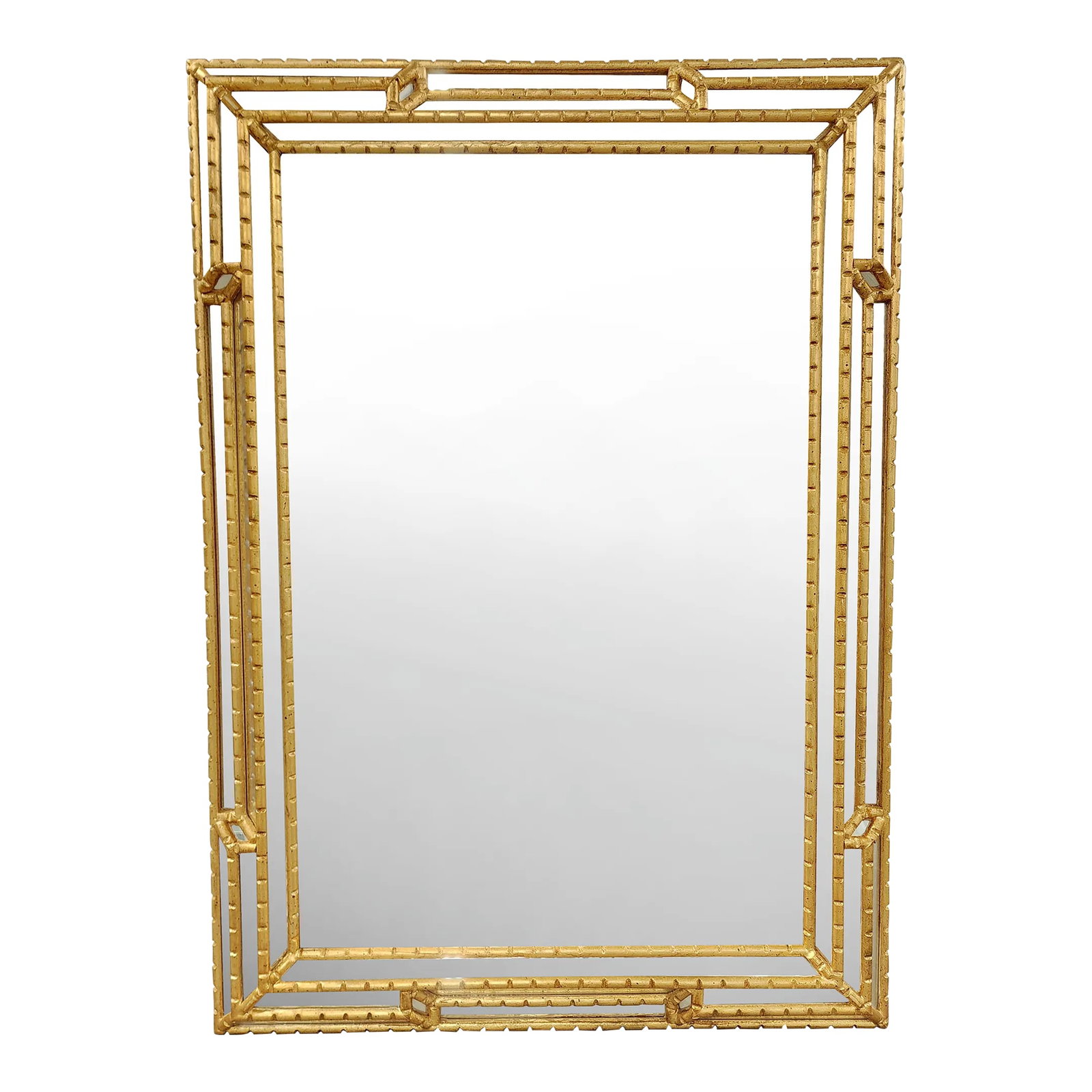 Vintage Italian Giltwood Mirror: Gorgeous Italian Hollywood Regency style mirror with mirrored faux bamboo carved giltwood frame. The rectangular form mirror can be hanged vertically or horizontally, giving it more versatility. Condi