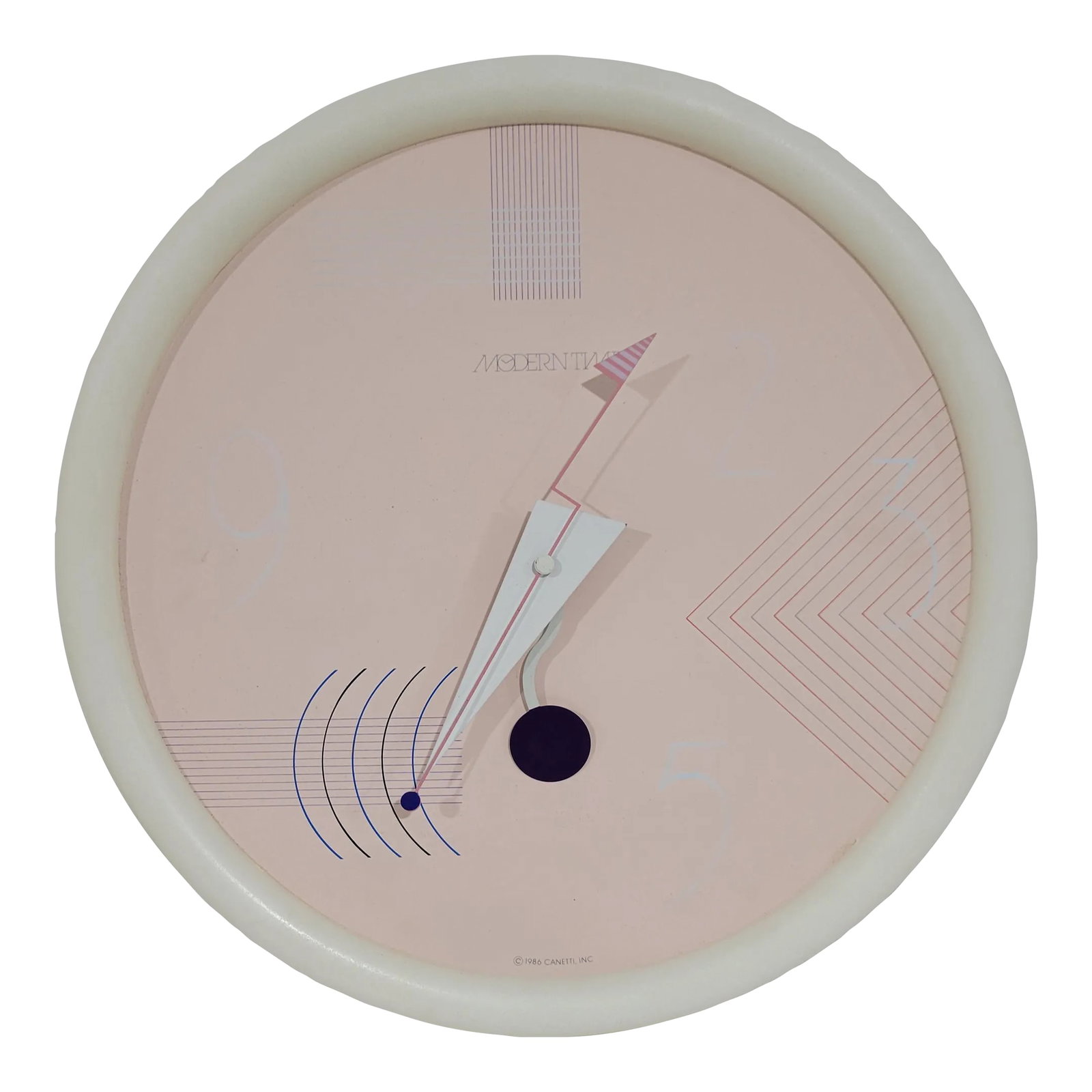 1980s Postmodern Wall Clock by Niclo: Rare Postmodern Wall Clock by Nicolai Canetti. His geometric shapes and funky color combinations are iconic representations of the 80s, much like the Swatch. This one the Pink variant. Made of plastic