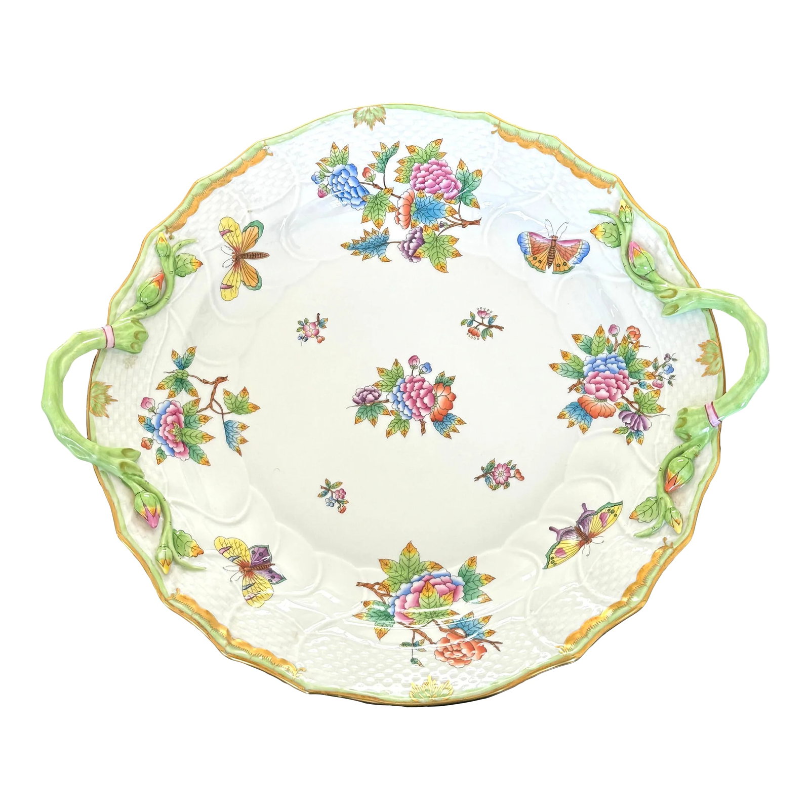 Herend Queen Victoria Chop Plate With Handles, Large Size: Herend Queen Victoria pattern with Green edges and gold Chop Plate with Handles. Lovely large size. 14" diameter. Condition: Alterations: Original Condition Unaltered Imperfections: Some