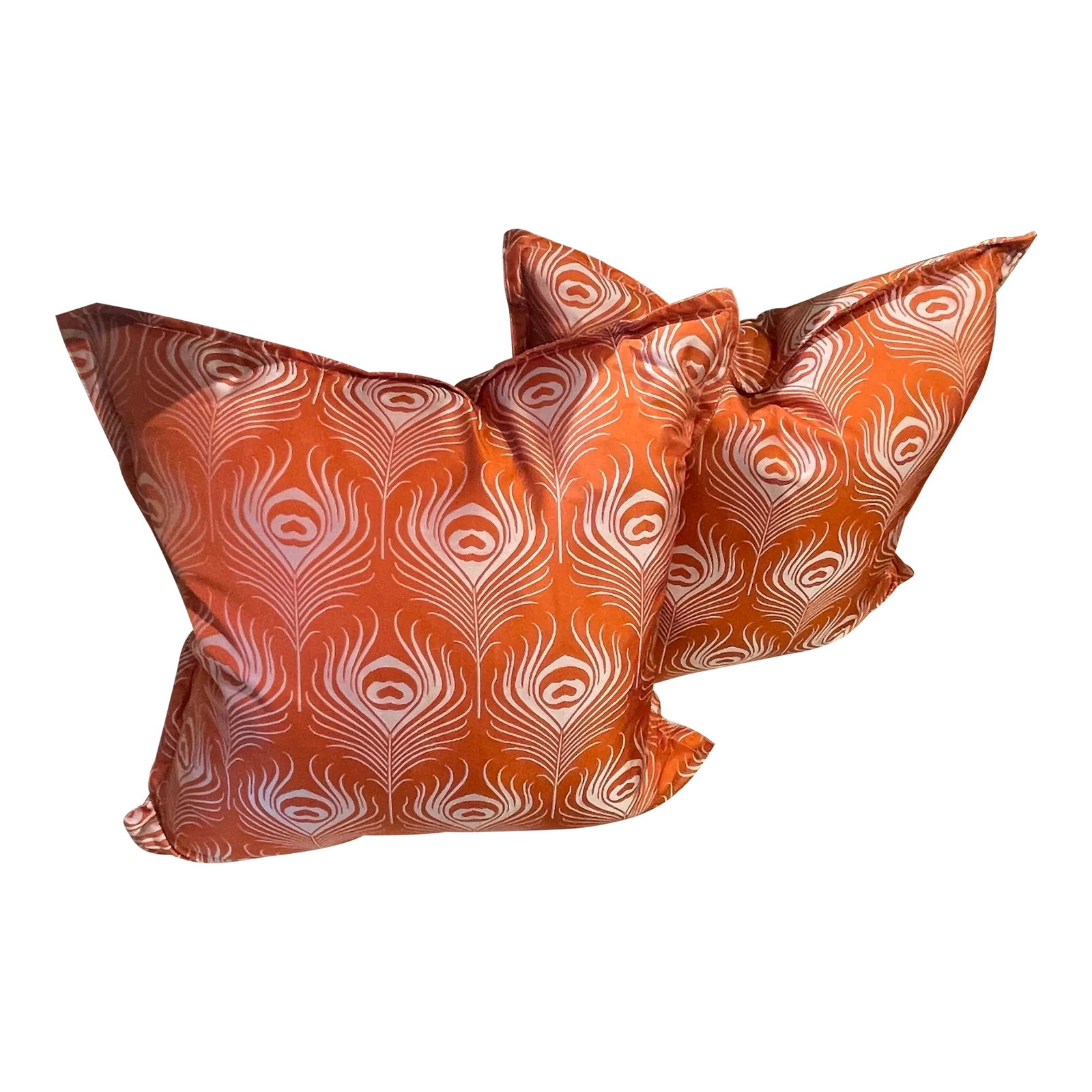 Pair of ThomasPaul Orange Silk and Down Pillows: Beautiful pair of orange silk and down thomaspaul pillows with peacock feather pattern 14" square Condition: Alterations: Original Condition Unaltered Imperfections: Some Imperfections Condition