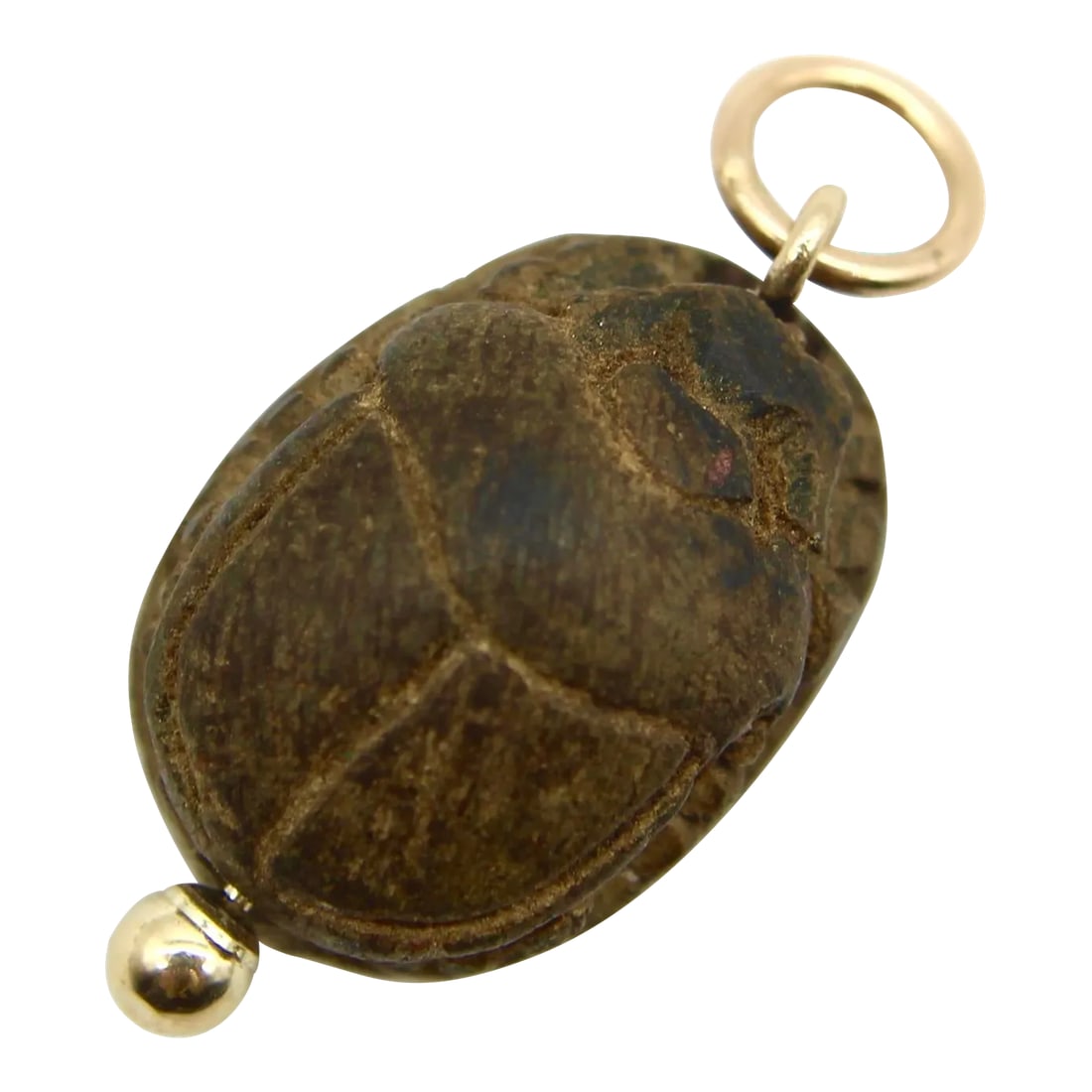 1920s Egyptian Revival Brown Faience Scarab Pendant With 14k Gold Mount: This is part of Chairish's Fine Jewelry assortment. During the early 19th century, the discoveries of ancient archaeological finds influenced and introduced what is referred to as "Egyptian Revival