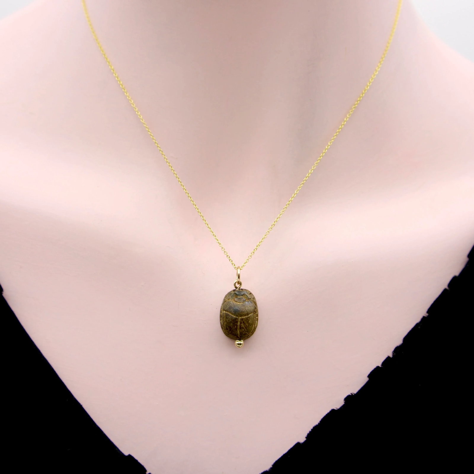 1920s Egyptian Revival Brown Faience Scarab Pendant With 14k Gold Mount - 2