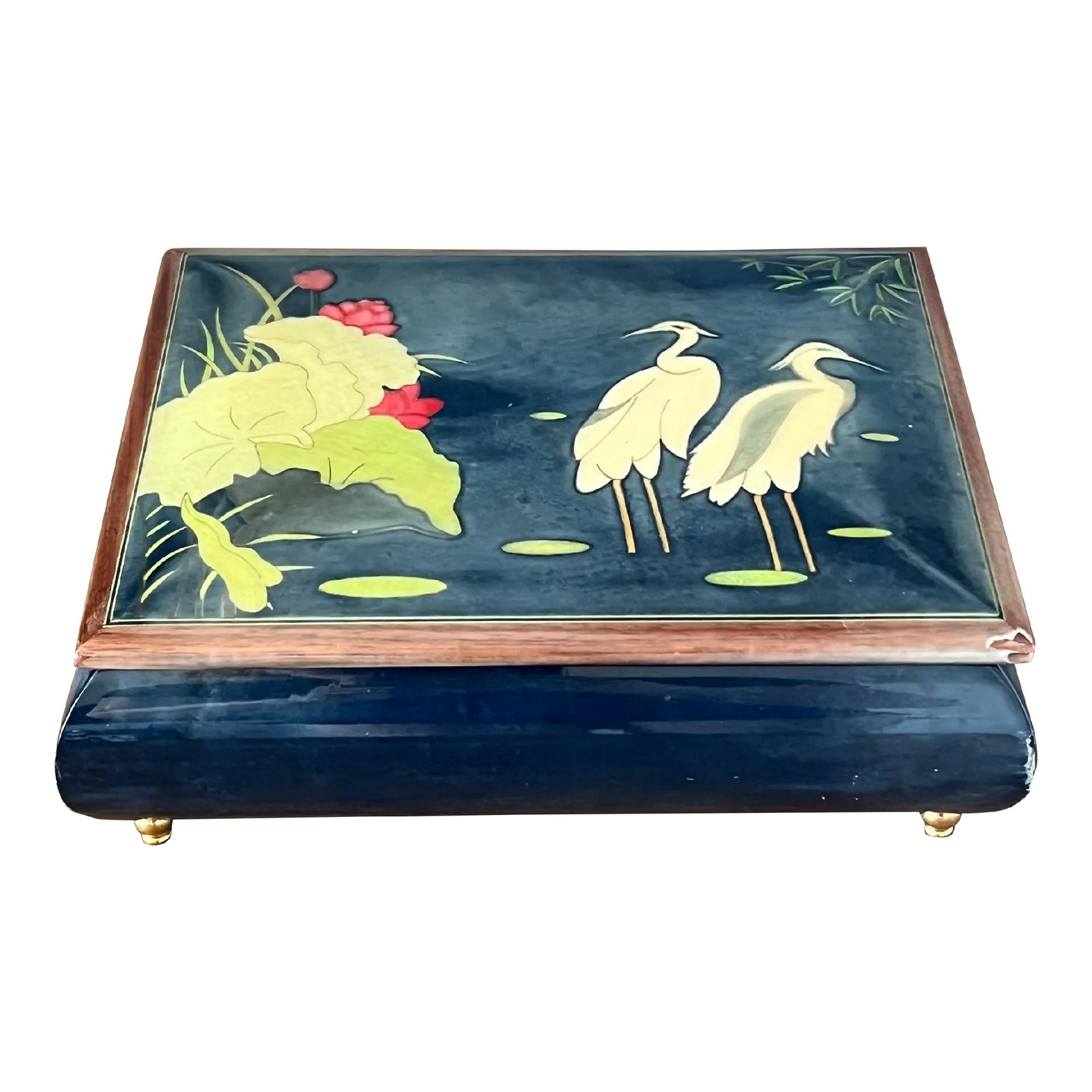 1990s Limited Edition Musical Jewelry Holder Box: Very rare limited edition -La hotel and resort vintage musical jewelry holder box. It's a stunning piece, absolutely beautiful with all these colors and details. It shows a scene of cranes in lake