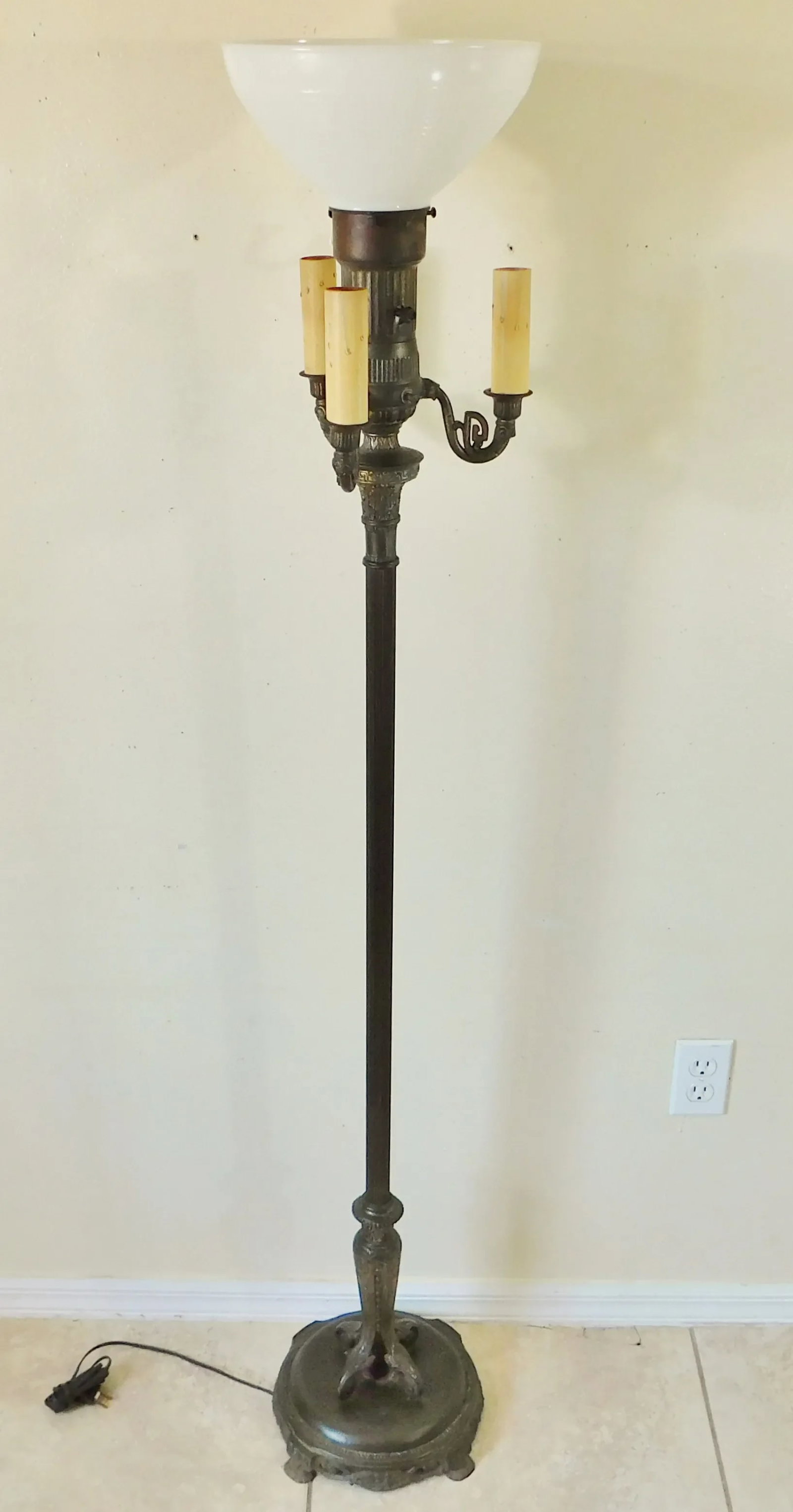 Antique C1900 Ornate Brass & Gold Metal Four Light Torchiere Standing Floor Lamp - 11