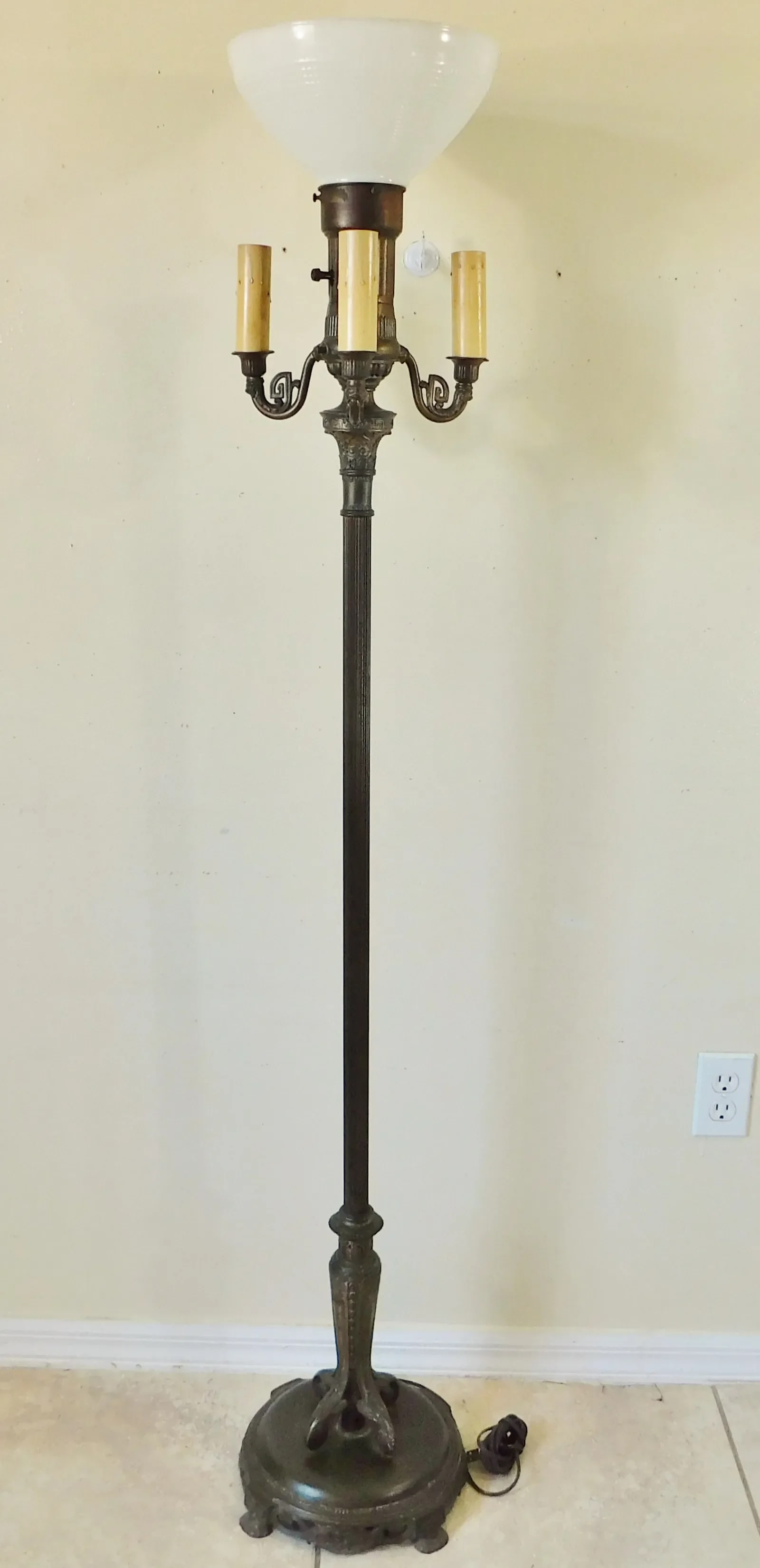 Antique C1900 Ornate Brass & Gold Metal Four Light Torchiere Standing Floor Lamp - 12