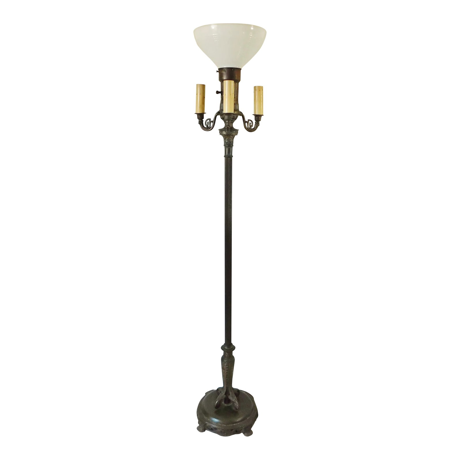 Antique C1900 Ornate Brass & Gold Metal Four Light Torchiere Standing Floor Lamp: Wonderfold old antique Circa 1900 ornate brass and gold metal four light torchiere standing floor lamp. Large white milk glass shade in middle and three bronze candelabra arms surround it. All four