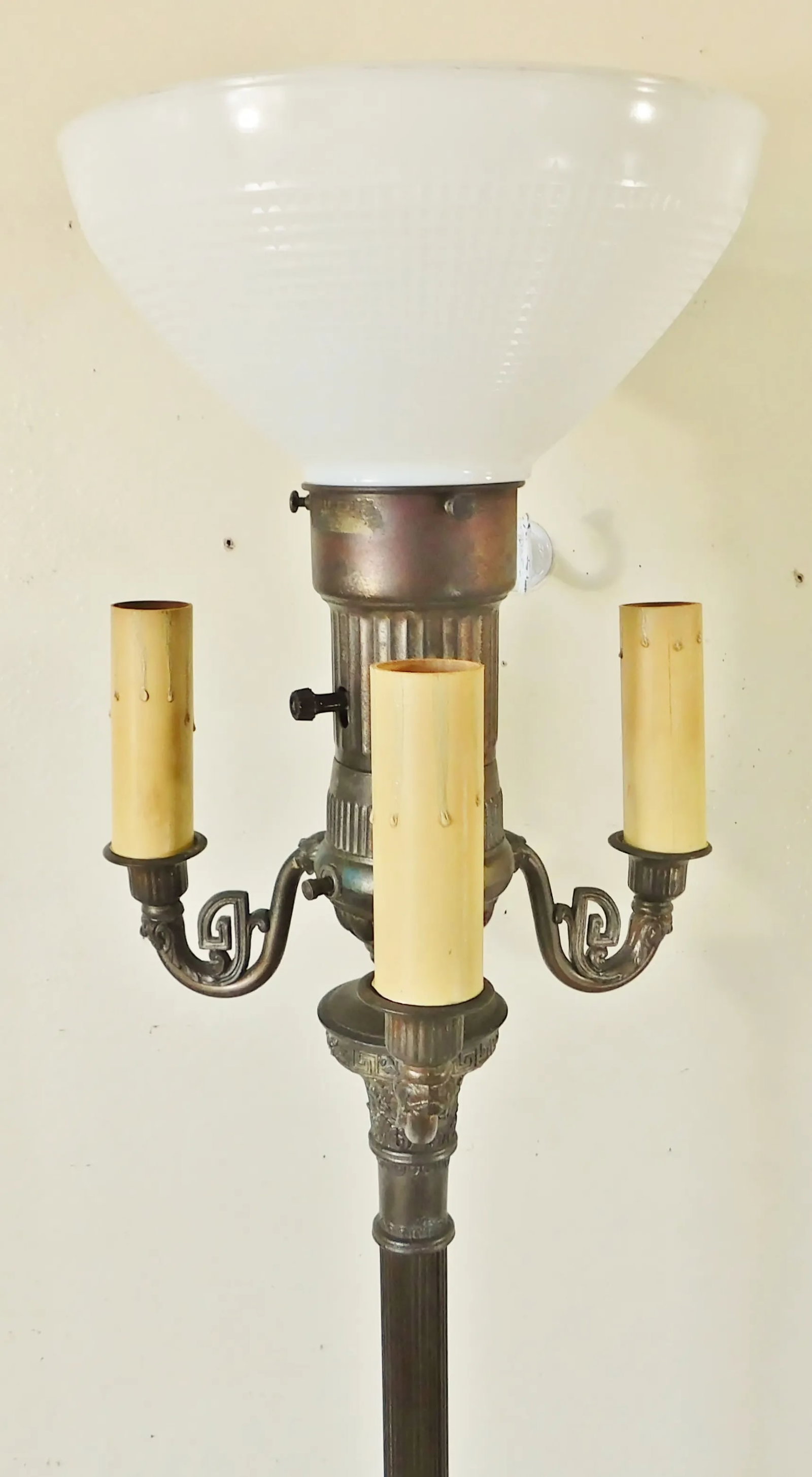 Antique C1900 Ornate Brass & Gold Metal Four Light Torchiere Standing Floor Lamp - 2