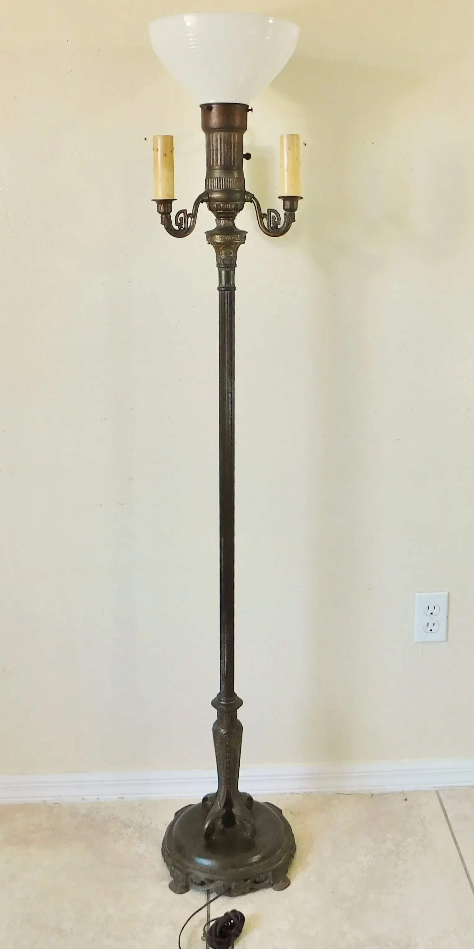 Antique C1900 Ornate Brass & Gold Metal Four Light Torchiere Standing Floor Lamp - 4