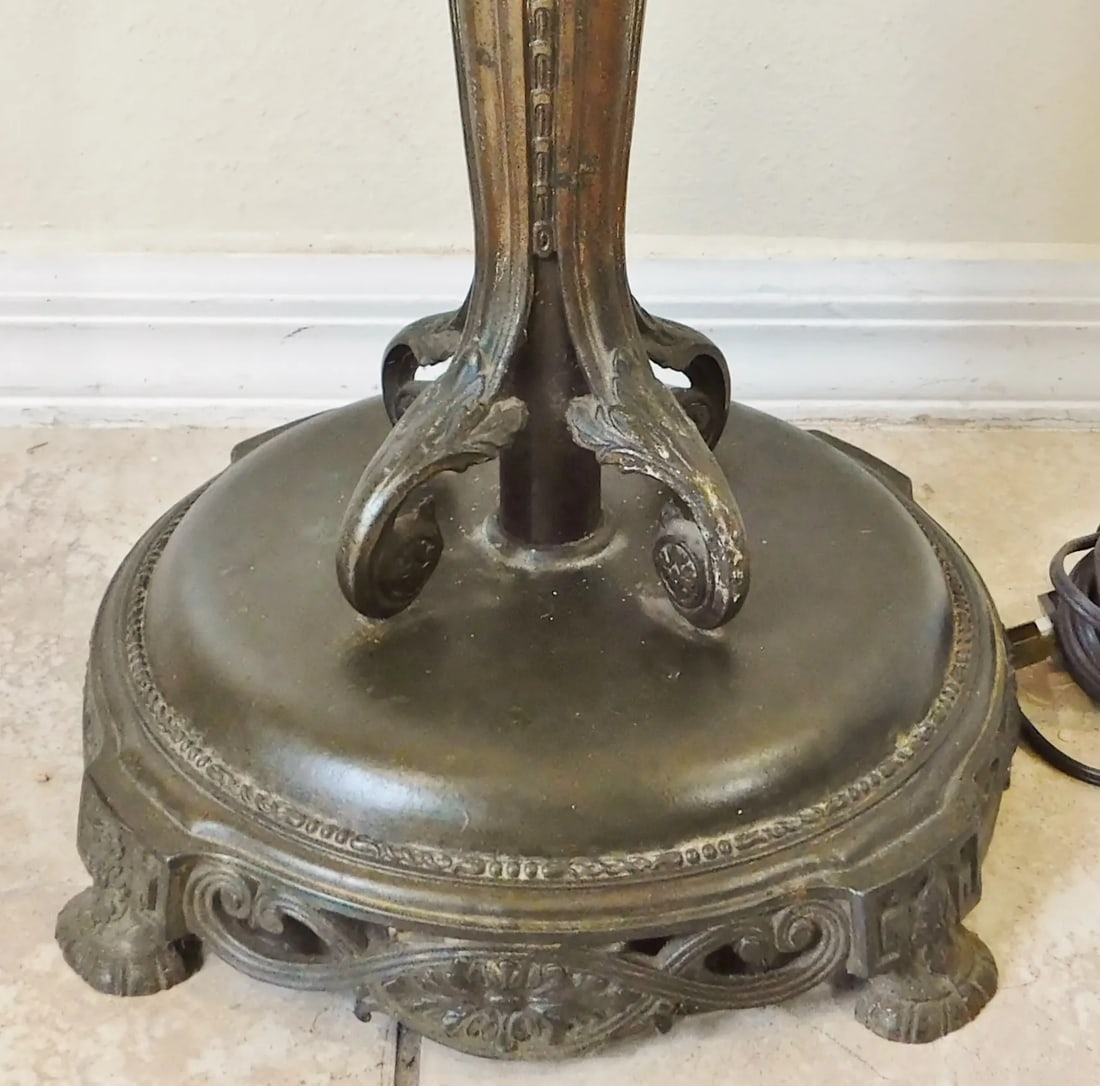 Antique C1900 Ornate Brass & Gold Metal Four Light Torchiere Standing Floor Lamp - 6