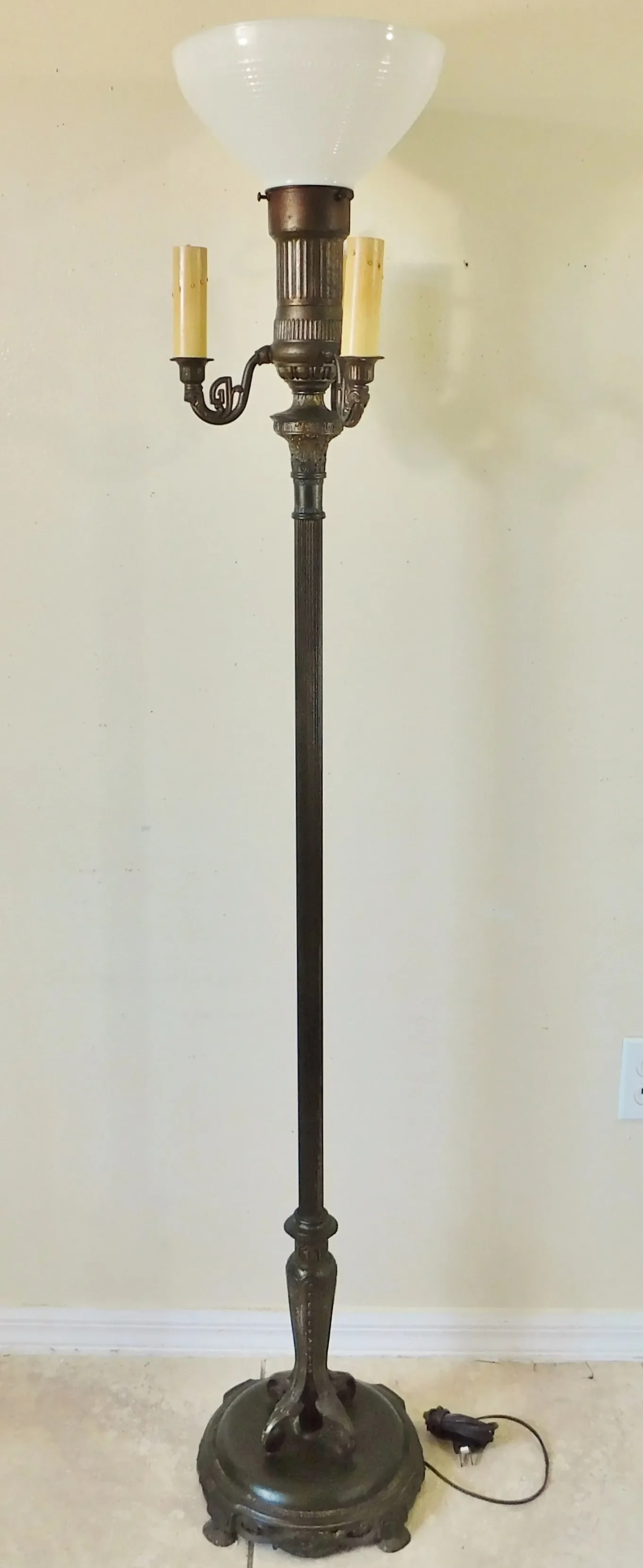 Antique C1900 Ornate Brass & Gold Metal Four Light Torchiere Standing Floor Lamp - 7