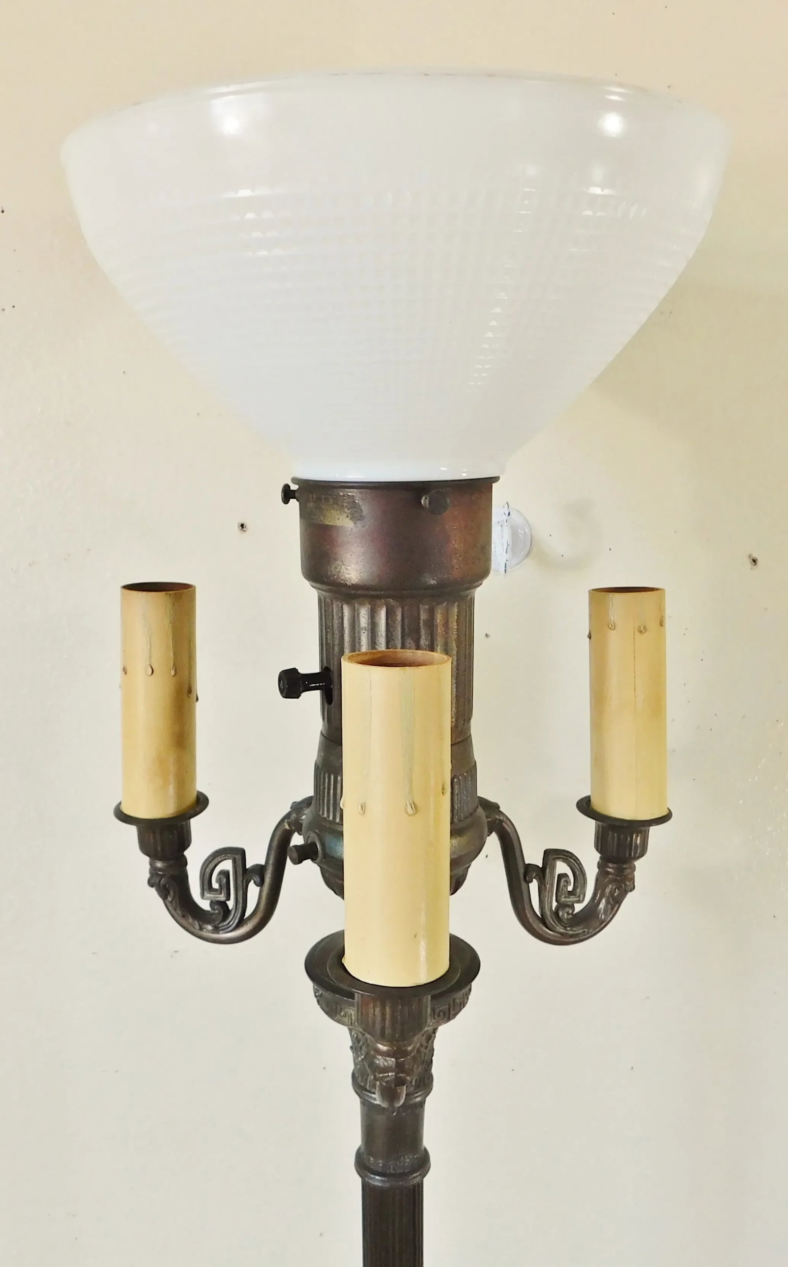 Antique C1900 Ornate Brass & Gold Metal Four Light Torchiere Standing Floor Lamp - 8