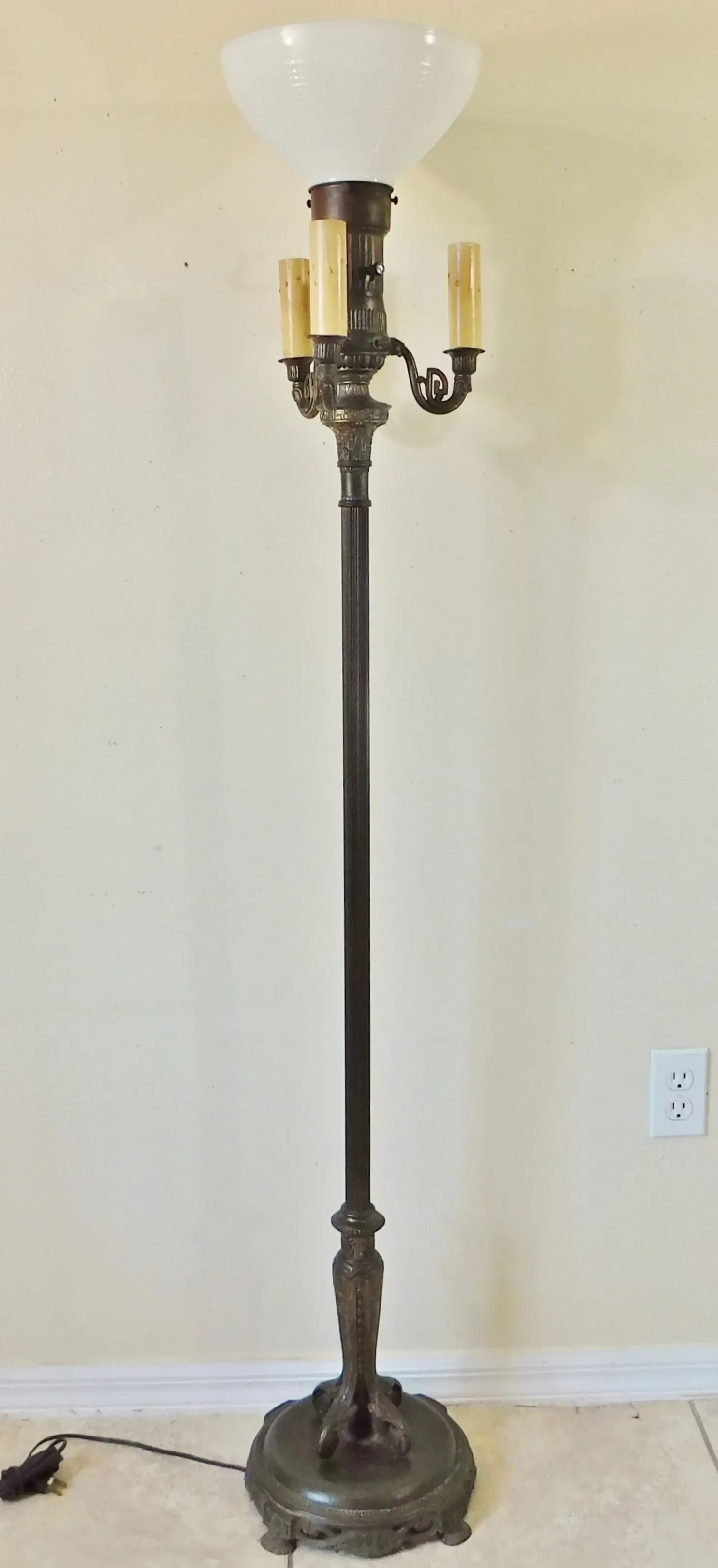 Antique C1900 Ornate Brass & Gold Metal Four Light Torchiere Standing Floor Lamp - 9