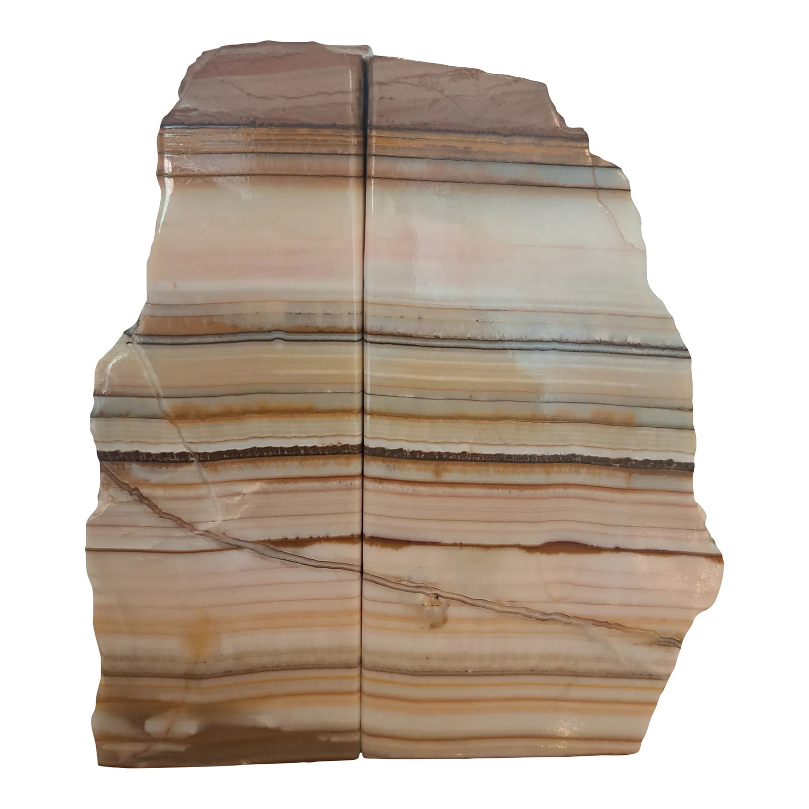 1970s Natural Polished Onyx Bookends - a Pair: Timeless natural form onyx bookends. Outer side is a natural formation while the book side is polished to perfection. Bookmatched veins come together at centre boasting lovely continual striations