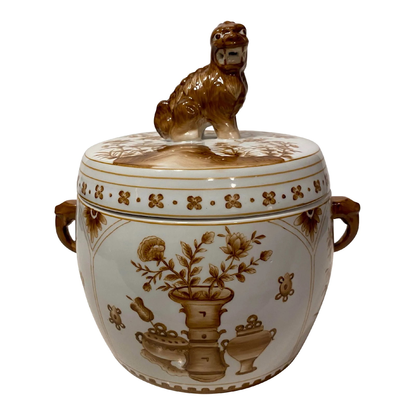1990s Chelsea House Hand Painted Covered Jar: The Covered Jar from Chelsea House is hand painted porcelain in a nutmeg brown glaze. Featuring a classic chinoiserie motif with a sculpted lion on the lid. Condition: Alterations: Original Condition