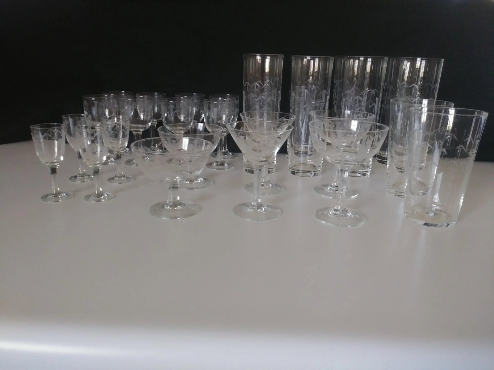 1920's Etched Bamboo Hand Blown Crystal Glassware by Noritake - 28 Pieces - 12