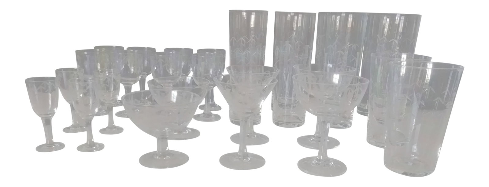1920's Etched Bamboo Hand Blown Crystal Glassware by Noritake - 28 Pieces: Very rare and a must have! Bamboo by Noritake, hand blown crystal, launched in the 1920's and was discontinued in the 1950's. This stunning variety of 7 different types of hand blown crystal