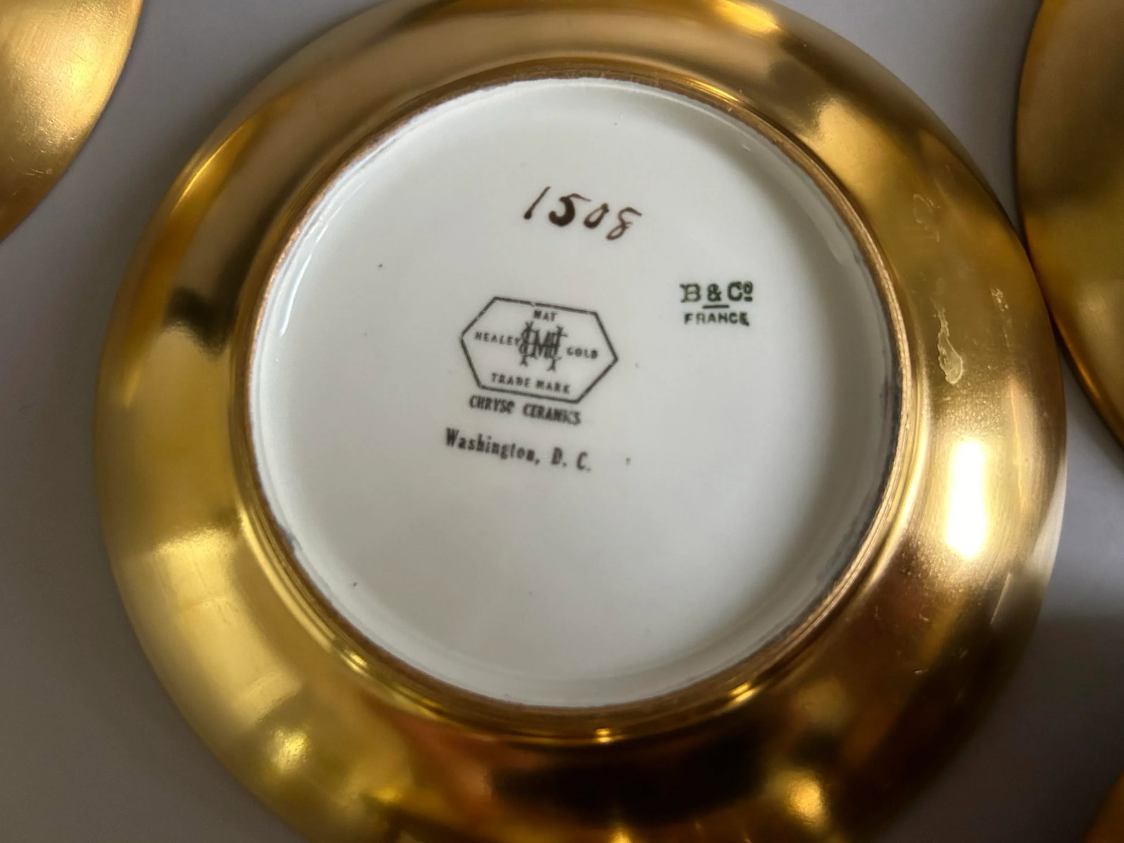 Antique D & C France Healey Chryso Ceramics Gold Cream Soup Bouillon Cup & Saucer Set- 10 Pieces - 10