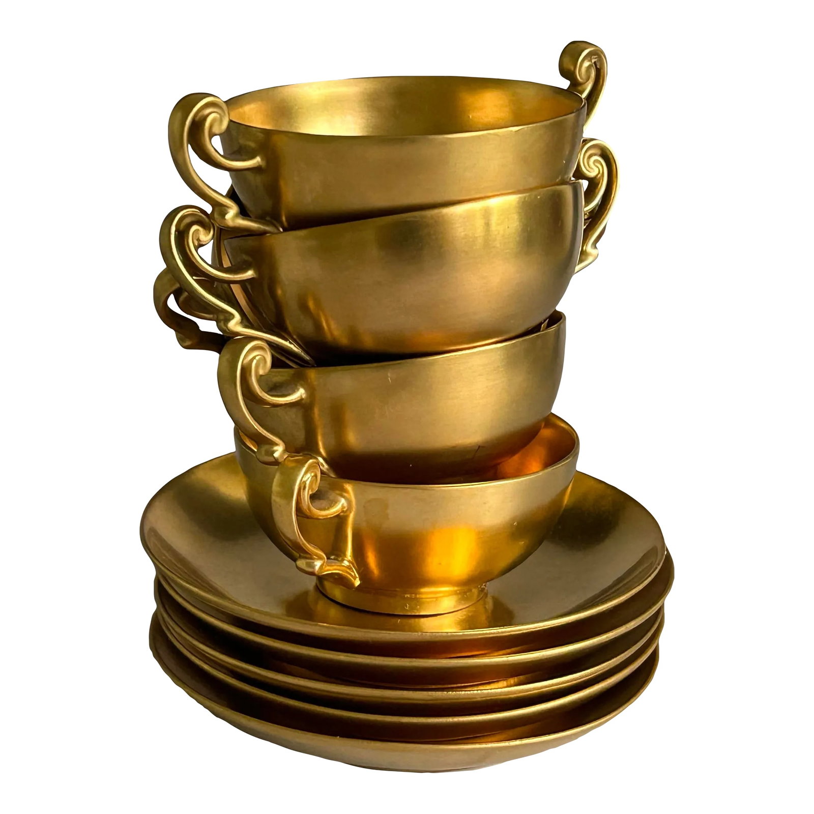 Antique D & C France Healey Chryso Ceramics Gold Cream Soup Bouillon Cup & Saucer Set- 10 Pieces: Set of 5 gorgeous Limoges France porcelain cream soup bouillon cups and saucers. The forms were actually made by D & C ( R. Delinieres and Co) Or B & C ( L. Bernardaud and Co) in Limoges, France and