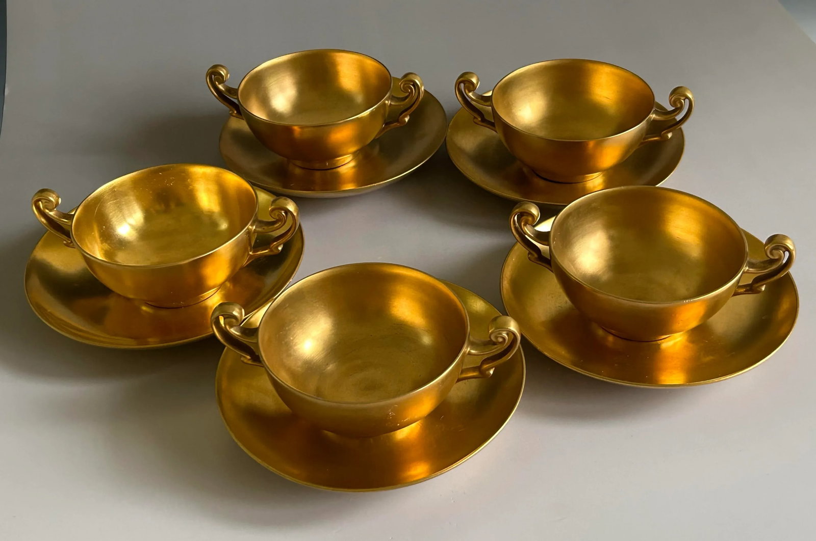 Antique D & C France Healey Chryso Ceramics Gold Cream Soup Bouillon Cup & Saucer Set- 10 Pieces - 2