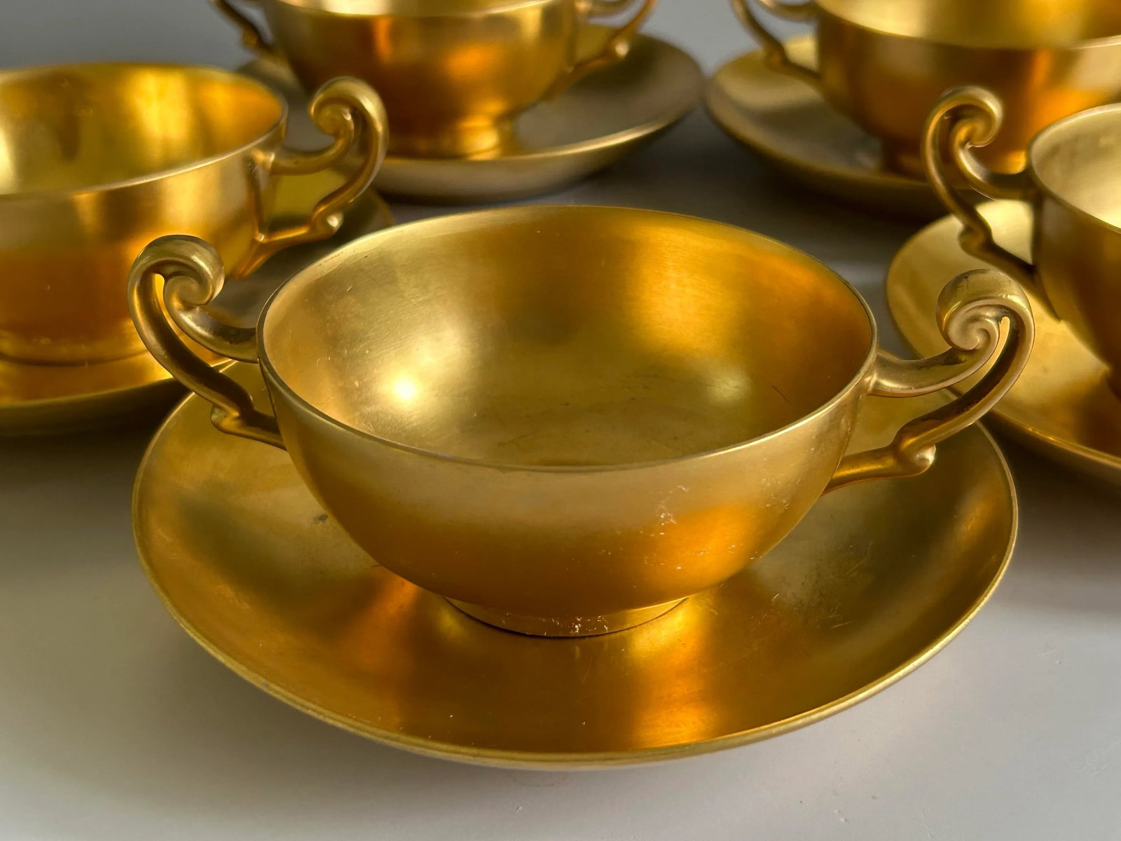 Antique D & C France Healey Chryso Ceramics Gold Cream Soup Bouillon Cup & Saucer Set- 10 Pieces - 3