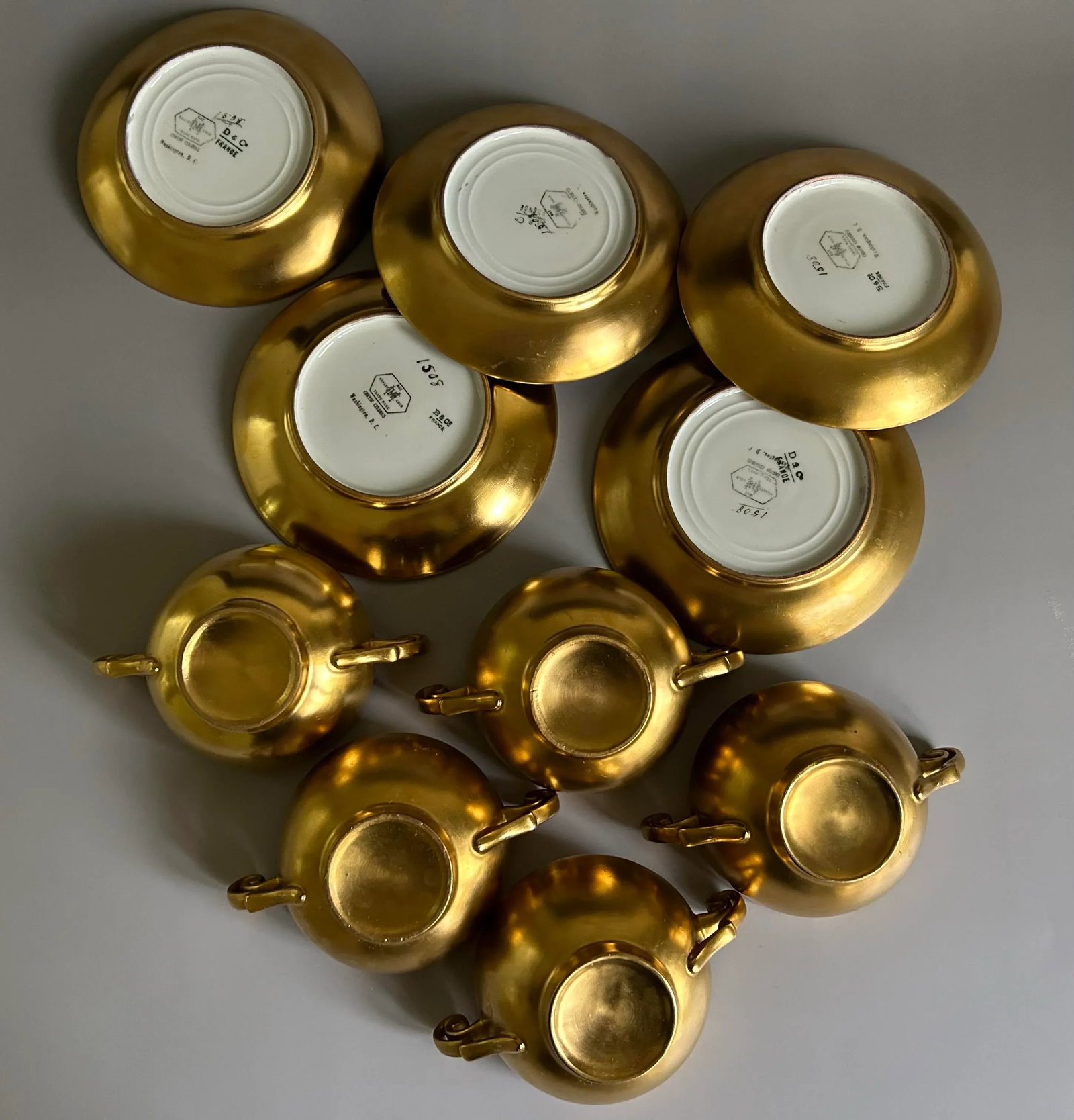 Antique D & C France Healey Chryso Ceramics Gold Cream Soup Bouillon Cup & Saucer Set- 10 Pieces - 8